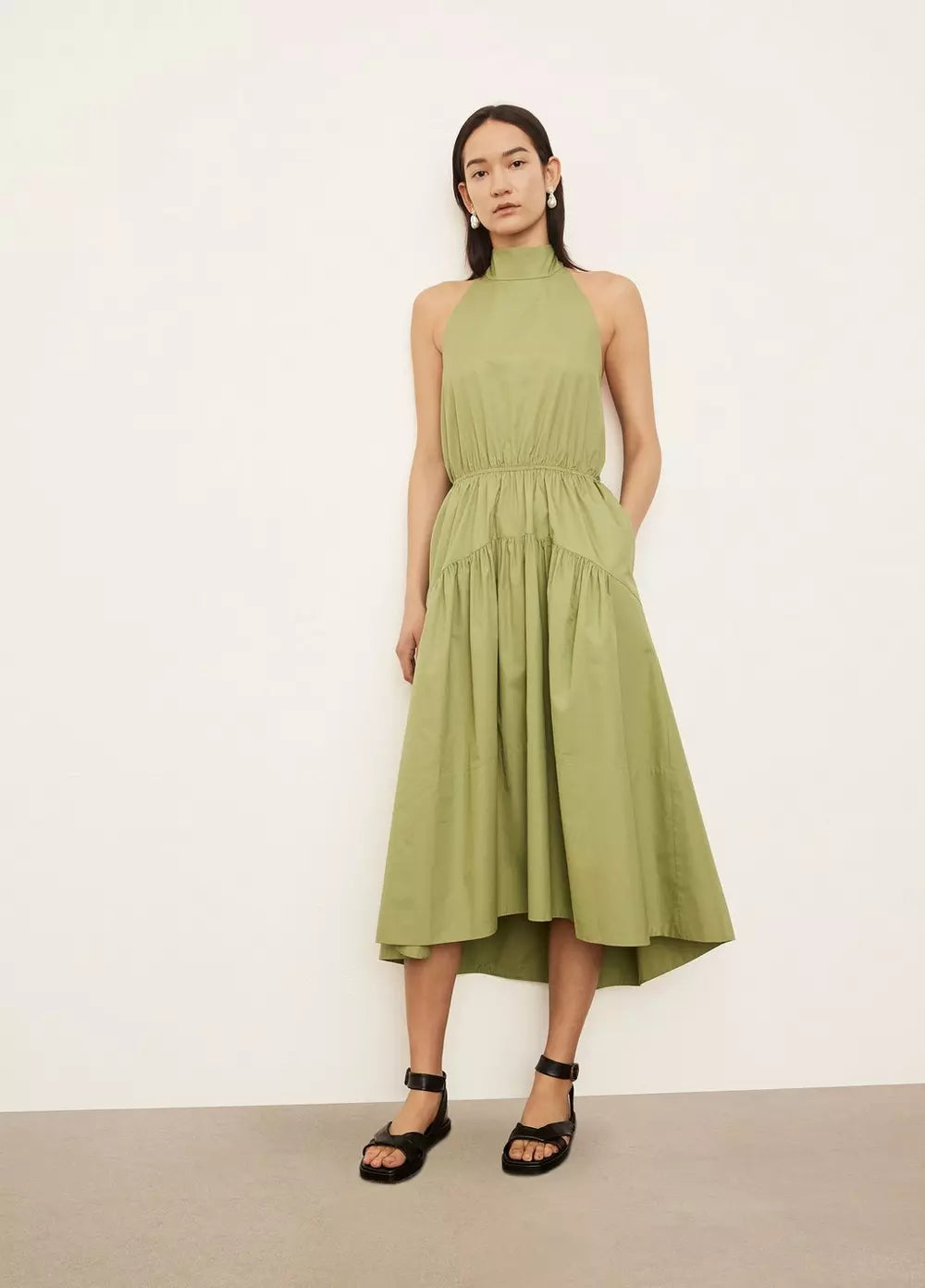 Elegant Draped Neck Halter Dress in Pistachio Green - Perfect for Summer Parties, Beach Vacations & Date Nights