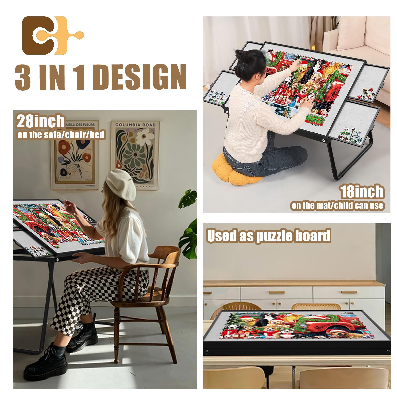 Adjustable Height Jigsaw Puzzle Table 18-28 Inch, 2-in-1 Metal Puzzle Board with Foldable Legs - Aluminum Puzzle Table for Adults & Kids - Portable Folding Table with Storage Drawers, Felt Surface & Protective Cover - Perfect for Family Game Nights, Classroom Activities & Home Decor