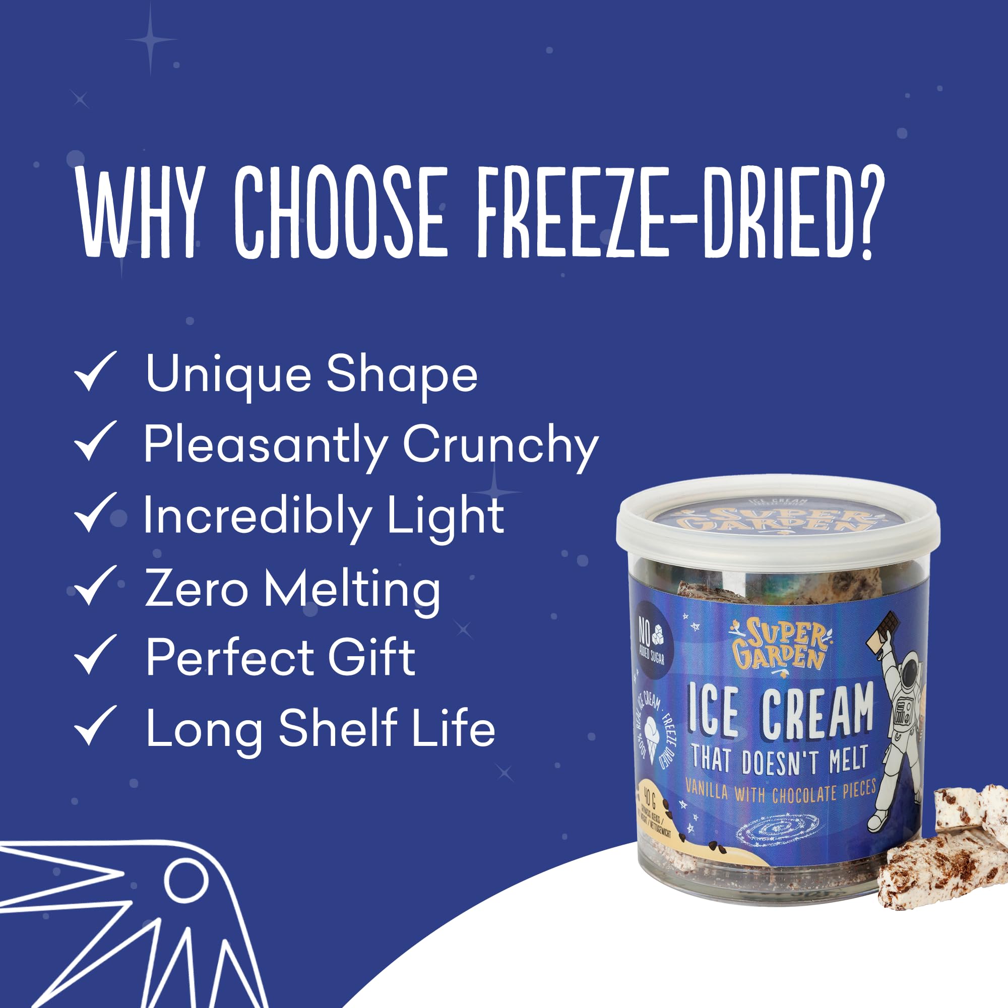 Freeze Dried Ice Cream Vanilla with Chocolate Chunks - No Melting, Crunchy & Creamy Astronaut Food Snack - Perfect for Birthday Parties, Camping, Hiking & Space-Themed Events - 1.41oz Dessert Treat for Kids & Adults