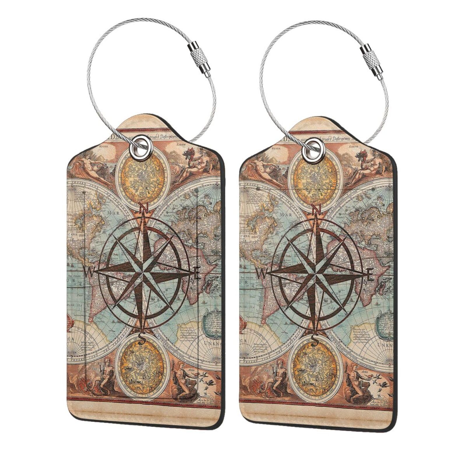 2 Pack Nautical Map World Compass Rose Printed Leather Luggage Tags with Stainless Steel Loop & Privacy Cover - Travel ID Card Holder for Suitcases, Backpacks & Carry-On Bags | Perfect for Vacation, Business Trips & Cruise Adventures