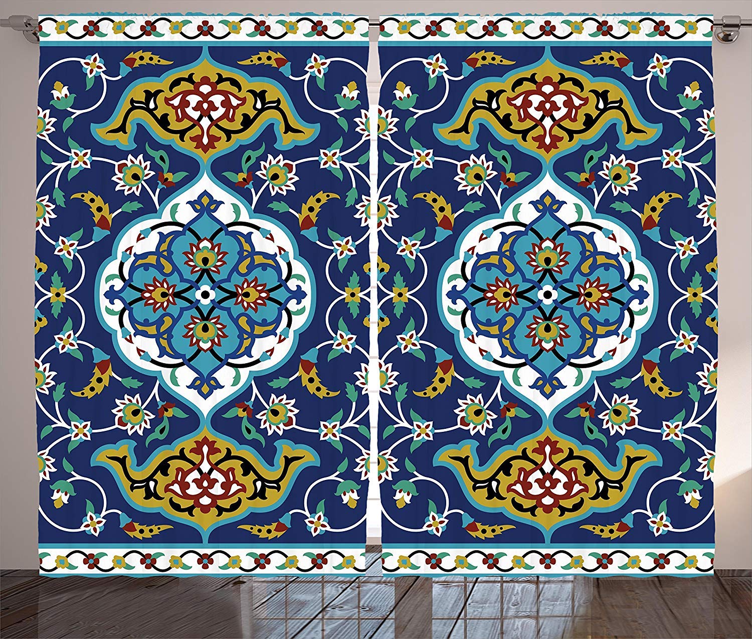 Moroccan Style Bedroom Curtains - Vintage Byzantine Tile Pattern Blackout Drapes for Windows & Doors, 2 Panels Set (104x96 Inches) in Blue & Mustard - Perfect for Living Room, Bedroom & Patio Decor