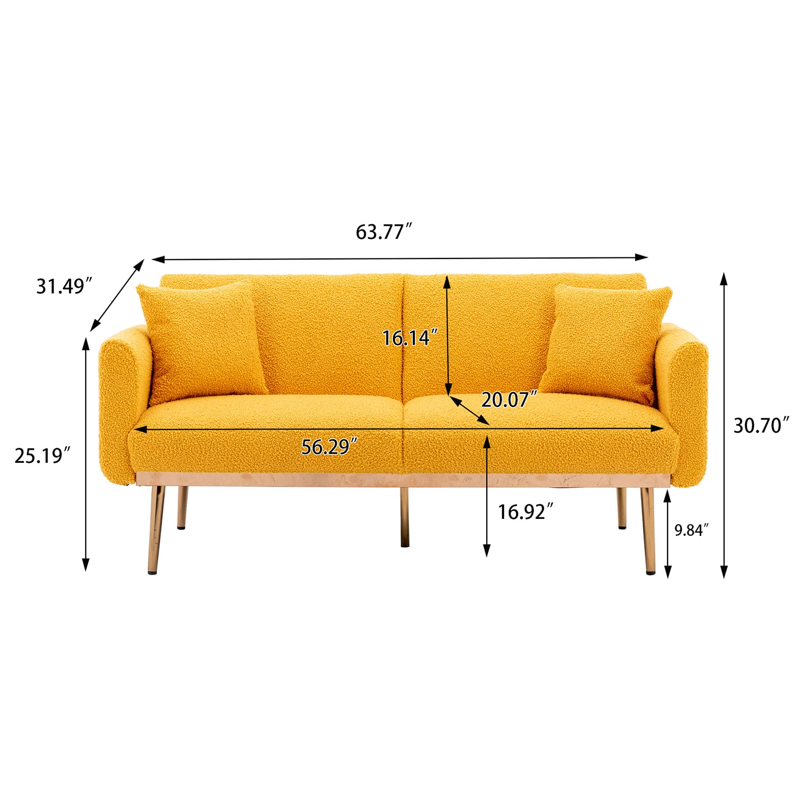 Antetek 3-Position Adjustable Futon Sofa Bed - Modern Convertible Loveseat Sleeper with 5 Metal Tapered Legs & 2 Decorative Pillows, Mustard Teddy Fabric - Perfect for Small Apartments, Guest Rooms & Home Offices