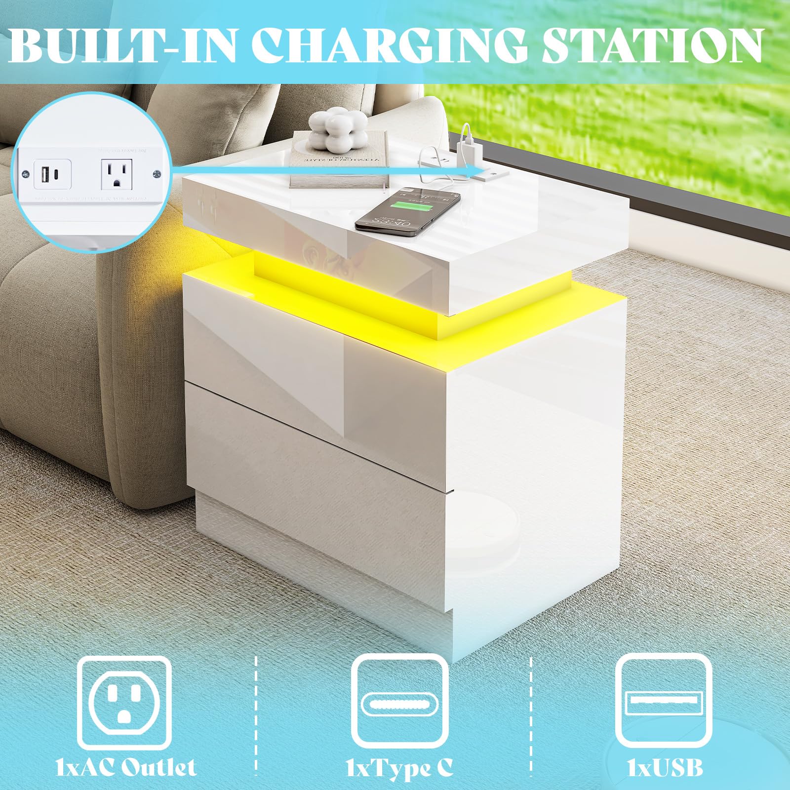 AMERLIFE 3-Piece Modern LED Coffee Table Set with Charging Station - High Gloss White 2-Tier Center Table & 2 End Side Tables, Nightstand for Living Room & Bedroom - Perfect for Home Decor, Entertainment & Charging Devices