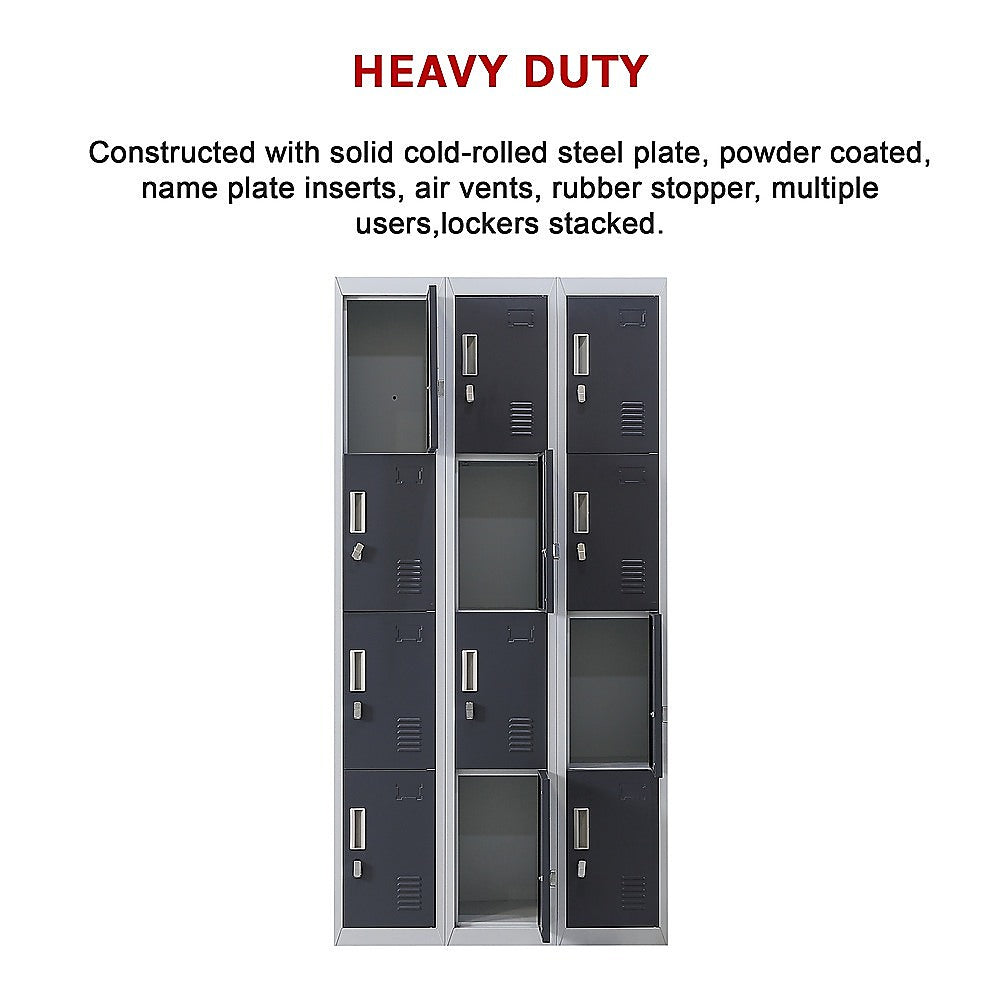 12-Door Locker with Padlock - Heavy Duty Steel Storage Cabinet for Office, Gym, School, Home & Shed - Secure Equipment & Personal Belongings Storage Solution