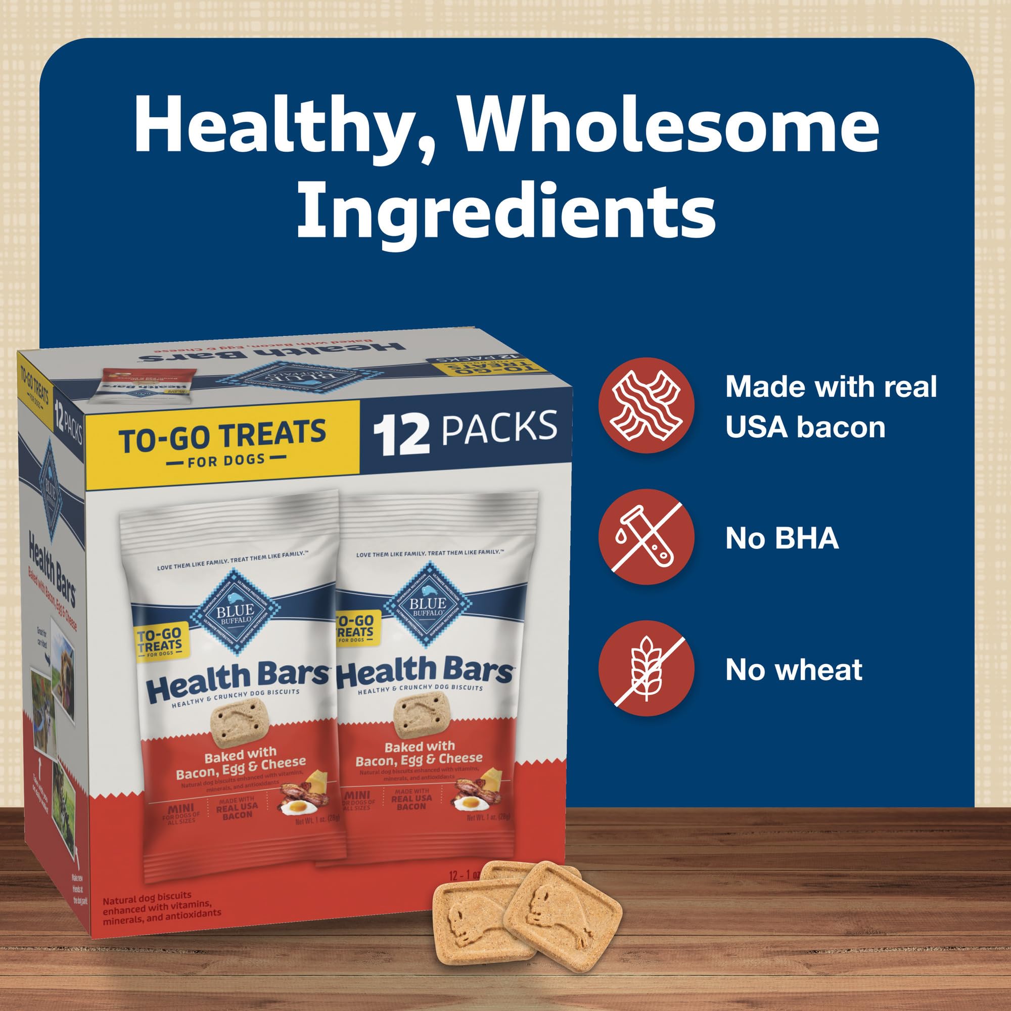 Blue Buffalo Health Bars Natural Crunchy Dog Treats - Mini Biscuits with Bacon, Egg & Cheese Flavor | Healthy Snacks for Small & Medium Dogs | Perfect for Training Rewards & Travel Treats