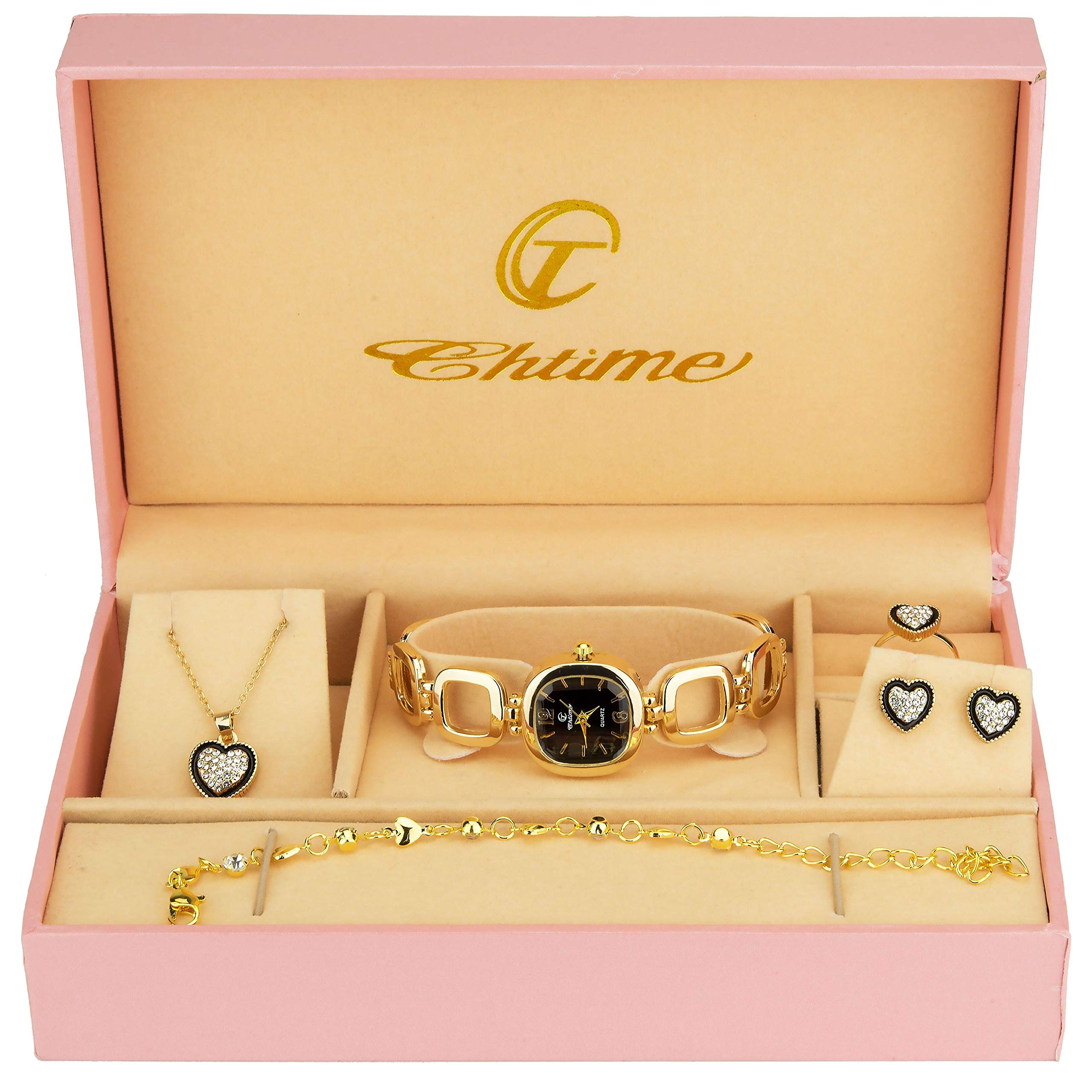 Elegant Women's Watch & Jewelry Gift Set - Black Watch, Necklace, Ring, Earrings & Band - Perfect for Birthdays, Anniversaries & Special Occasions