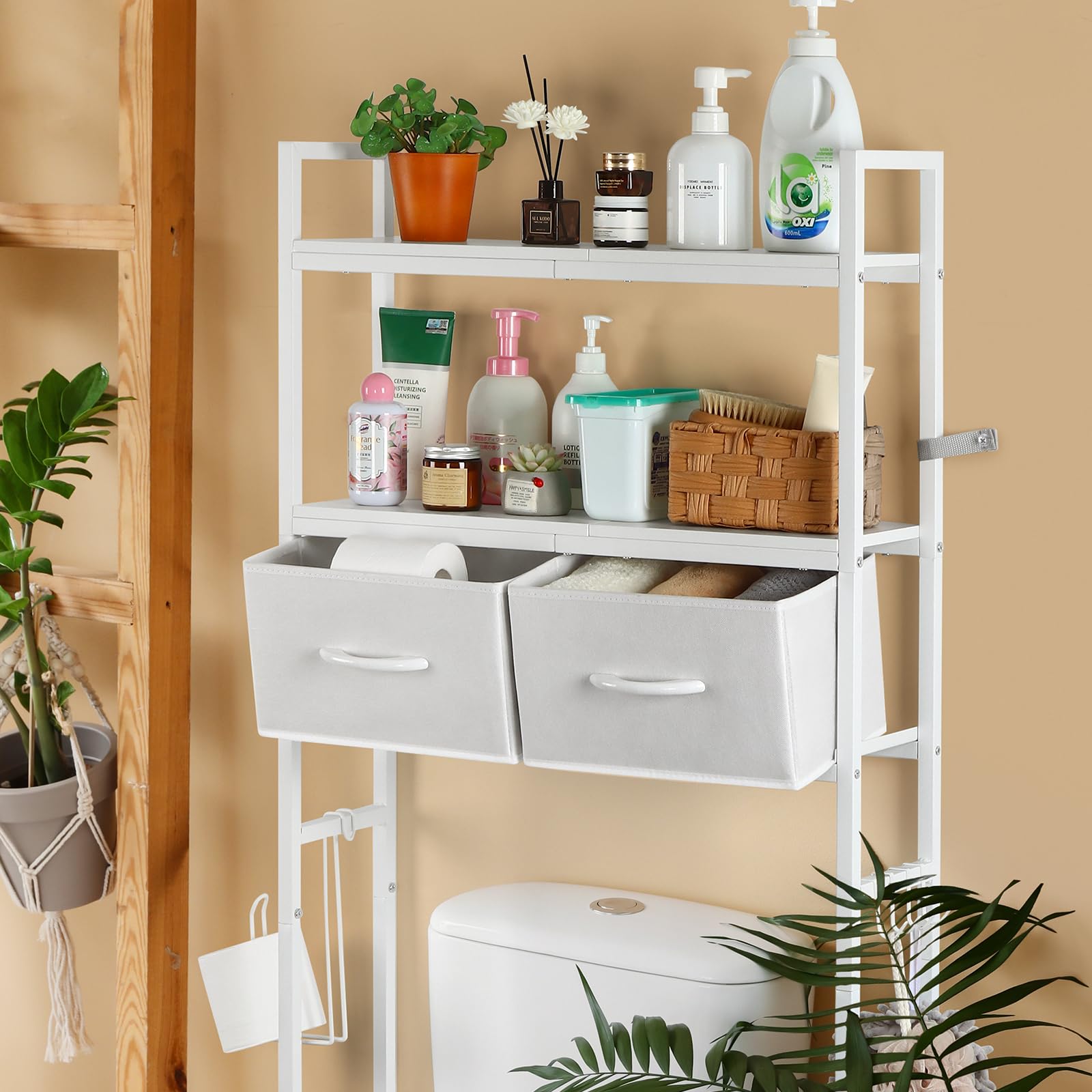 YBING Over The Toilet Storage Cabinet - White Wooden Bathroom Organizer with Drawer, Roll Holder & Hooks | Space-Saving Above Toilet Stand for Small Bathrooms | Perfect for Towel Storage, Toilet Paper Organization & Bathroom Decor