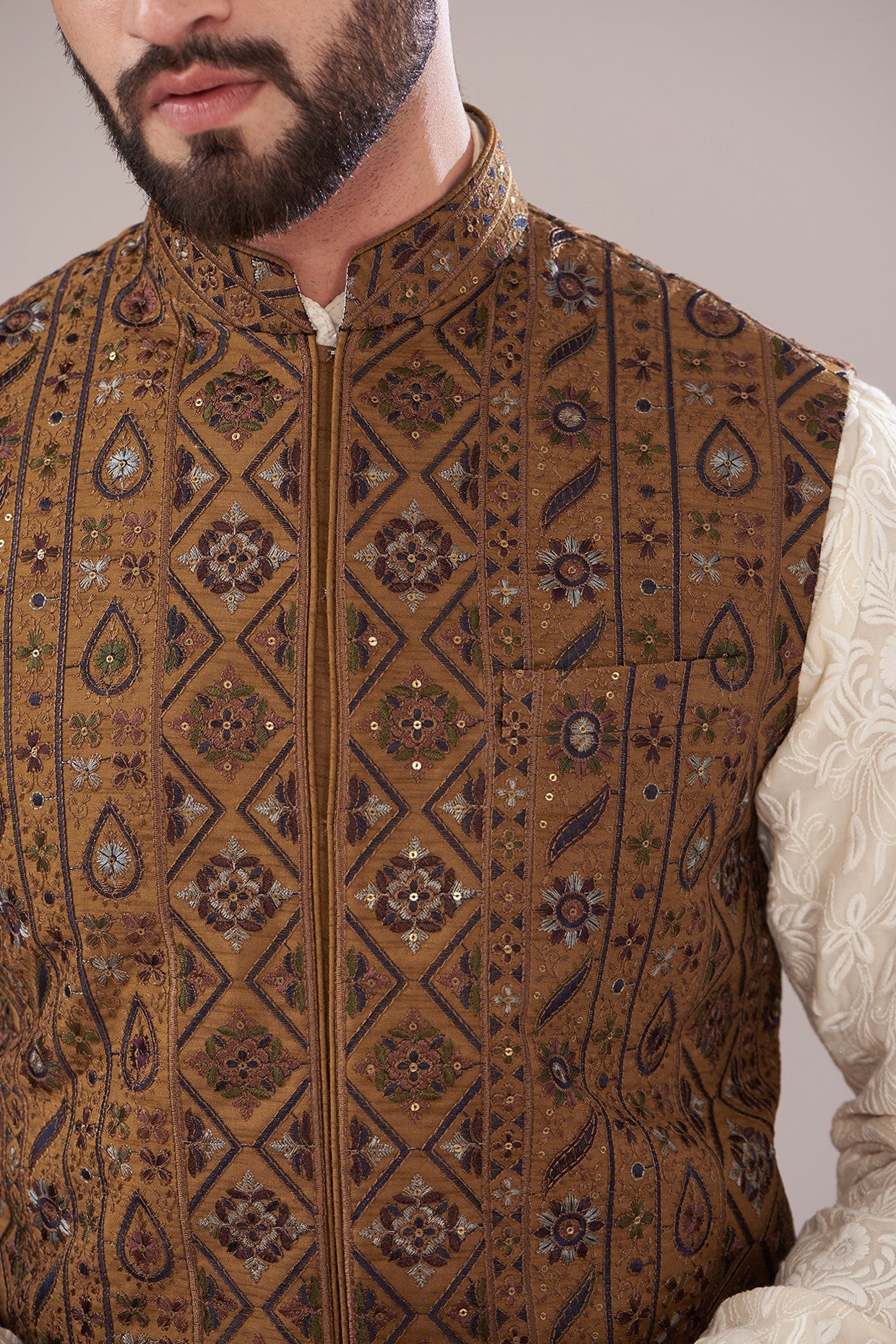 Mustard Yellow Silk Embroidered Nehru Jacket for Men - Elegant Indian Wedding Attire & Formal Occasions