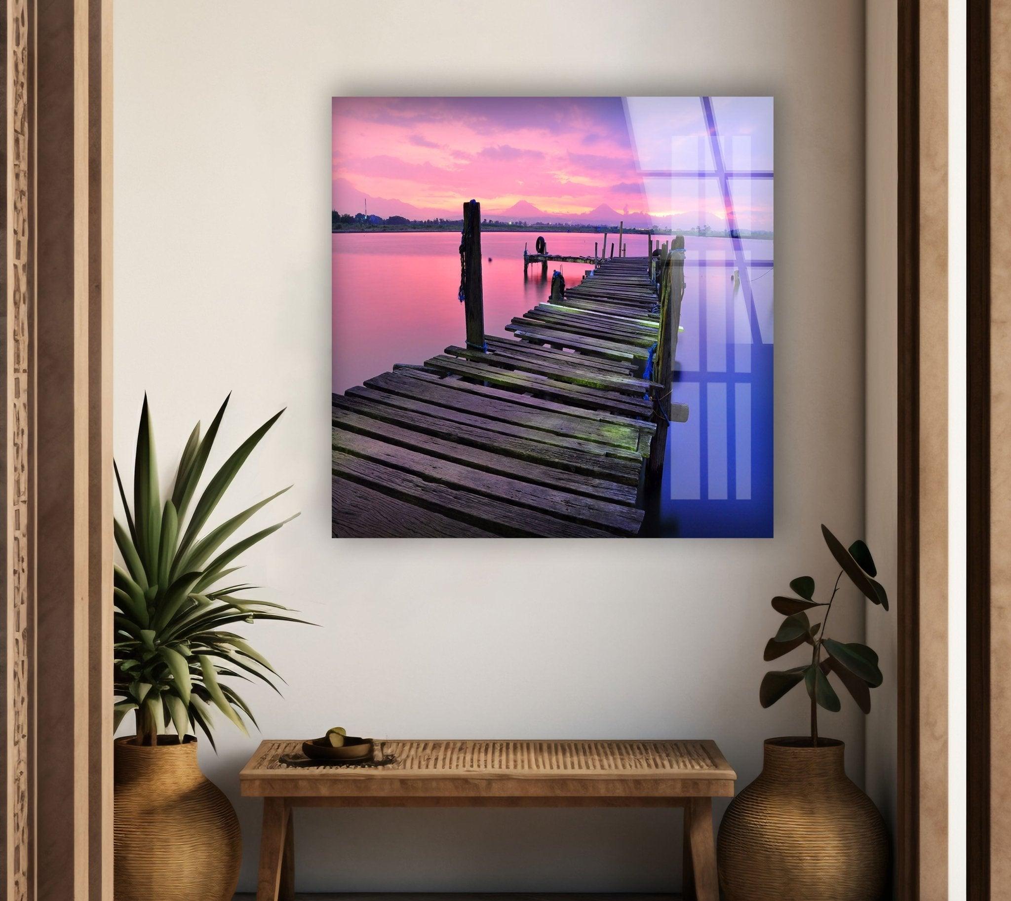 Stunning Sunrise Over Abandoned Dock - Handmade Glass Wall Art for Living Room, Bedroom & Office Decor | Coastal Landscape Artwork