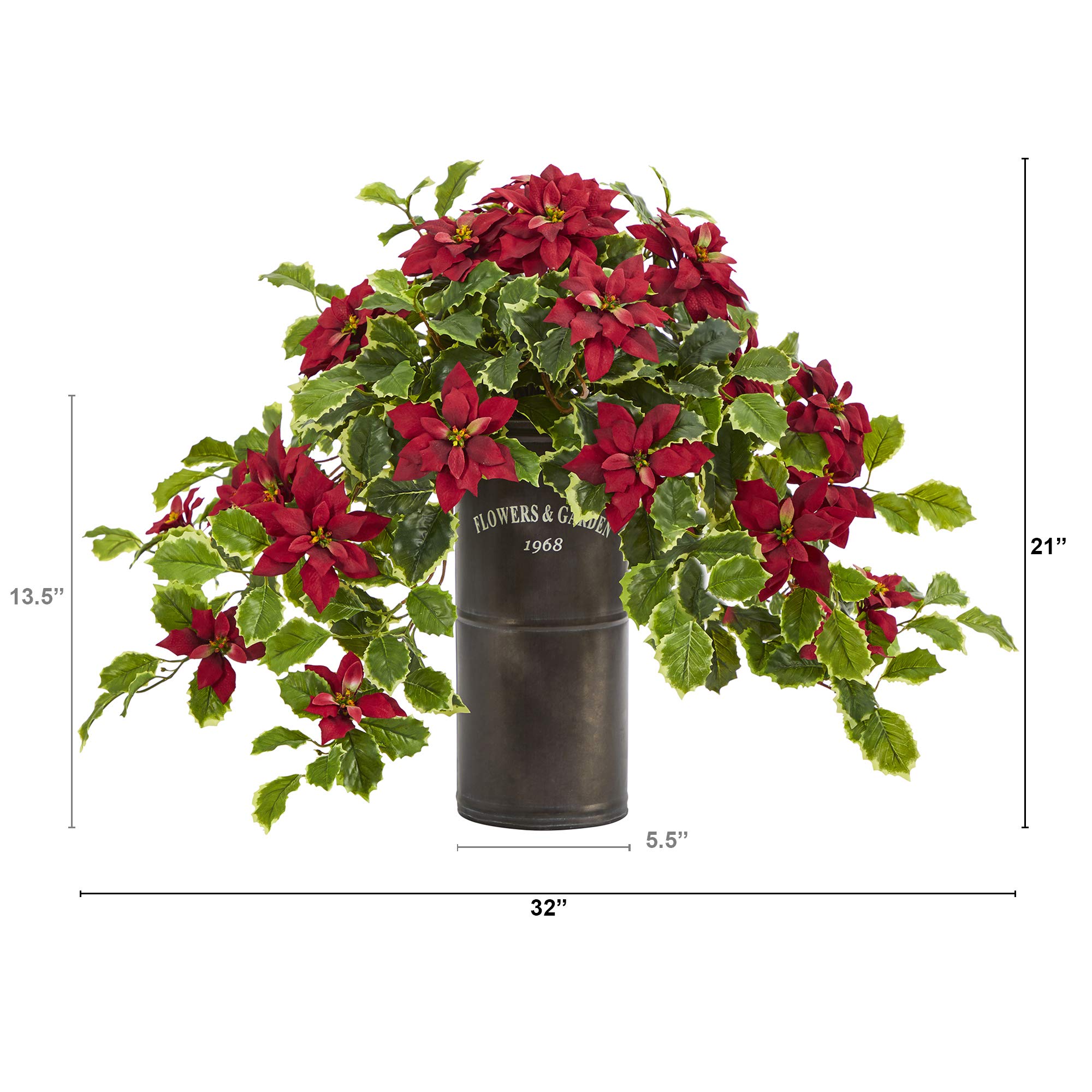 Nearly Natural 21 Inch Poinsettia and Variegated Holly Artificial Plant in Decorative Planter - Real Touch Faux Plant for Christmas Home Decor, Office, and Holiday Centerpiece