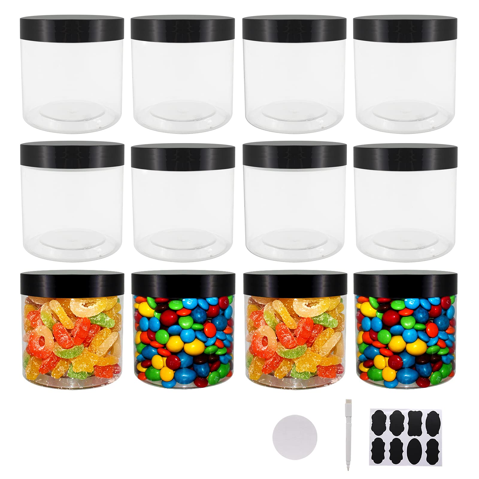 12 Pack 20oz (600ml) Clear Plastic Jars with Airtight Lids - BPA-Free Food Storage Containers for Dry Food, Spices, Peanuts - Includes Labels & Marker Pen - Perfect for Pantry Organization, DIY Crafts, and Bulk Food Storage