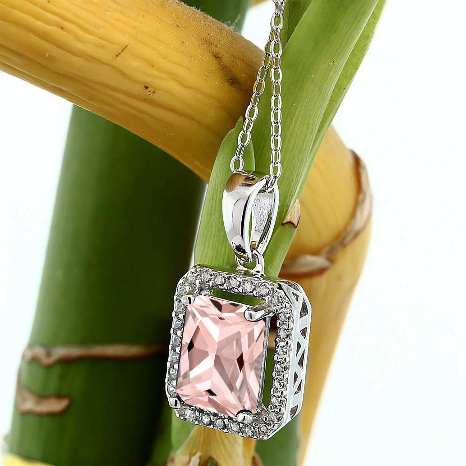 Gem Stone King 925 Sterling Silver Emerald Cut 9X7MM Birthstone Halo Pendant Necklace for Women with 18 Inch Silver Chain | Elegant Jewelry Gift for Birthday, Anniversary & Special Occasions