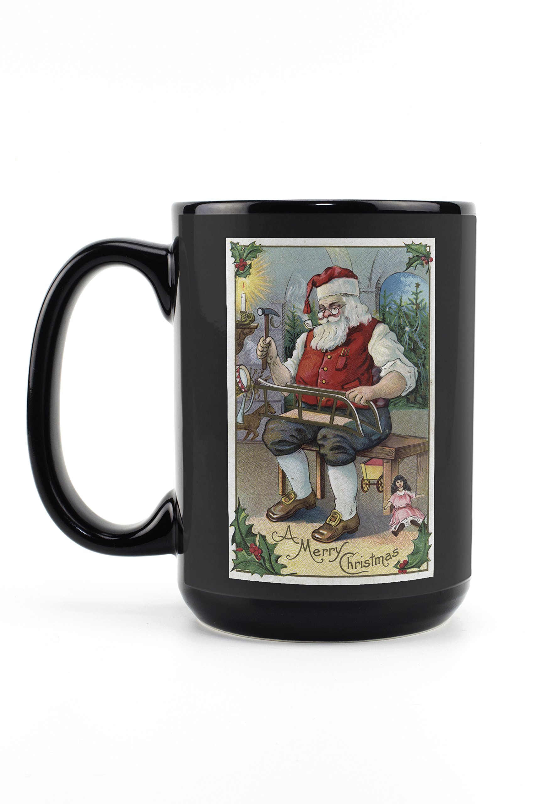 Santa Building Sled Christmas Greeting Ceramic Mug - 15oz Black Coffee & Tea Cup, Dishwasher & Microwave Safe - Perfect for Holiday Gifts & Cozy Winter Mornings