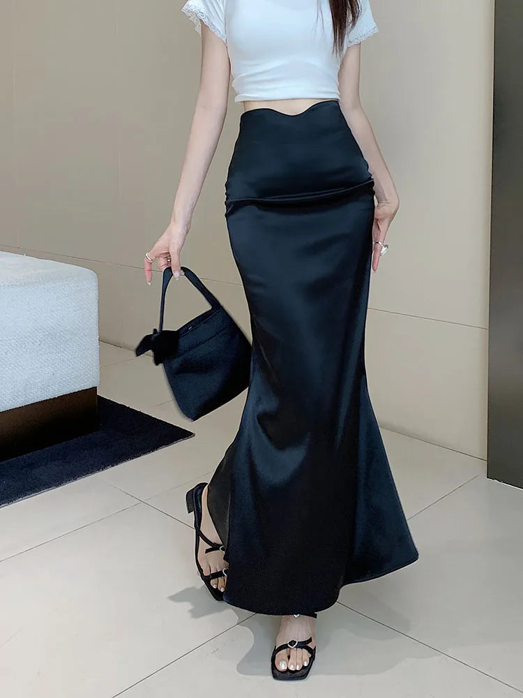 Black & Brown High Waist Pleated Fishtail Wrap Skirt for Women | Korean Style Office & Summer Elegant Skirt 2024 | Perfect for Work, Dating & Special Occasions