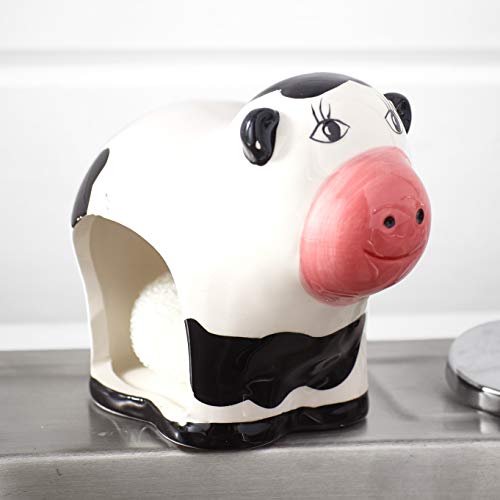 Ceramic Cow Sponge Holder - Cute Kitchen Scrubby Organizer for Sink Countertop - Perfect for Farmhouse, Rustic, and Country Style Decor