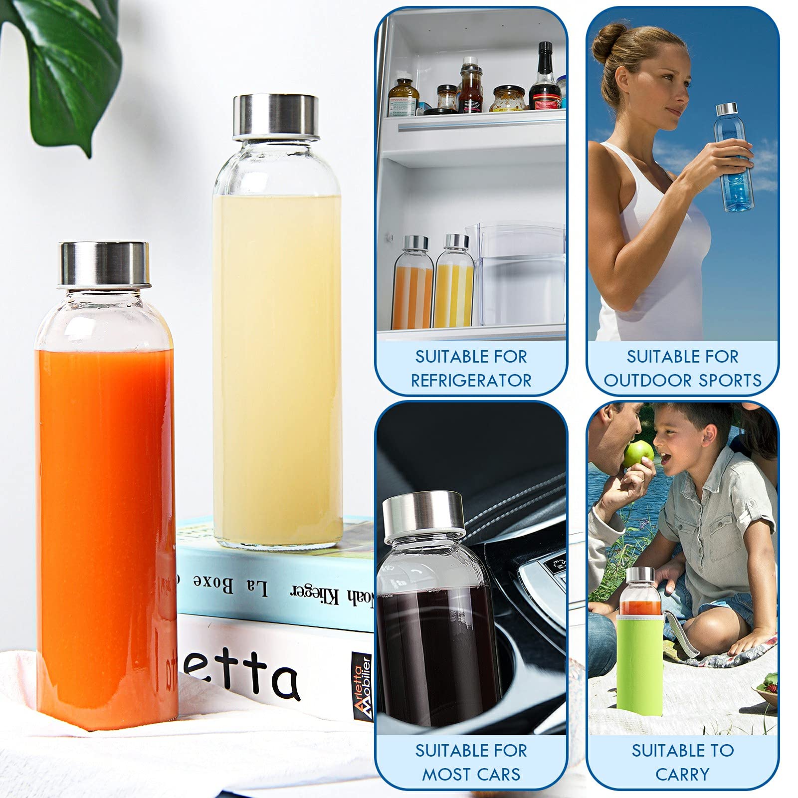 YEBODA 18oz Glass Water Bottles with Stainless Steel Lids & Colorful Nylon Sleeves - 6-Pack for Juice, Smoothies, Tea, and On-the-Go Hydration at Gym, Office, or Outdoor Activities