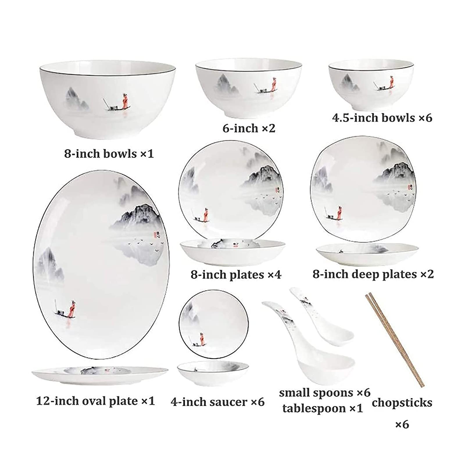 Elegant Black and White Dinnerware Set for 4/6/12 - 35-Piece Chinese-Inspired Tableware with Ancient Ink Painting Design - Perfect for Home, Kitchen, and Formal Dining Occasions