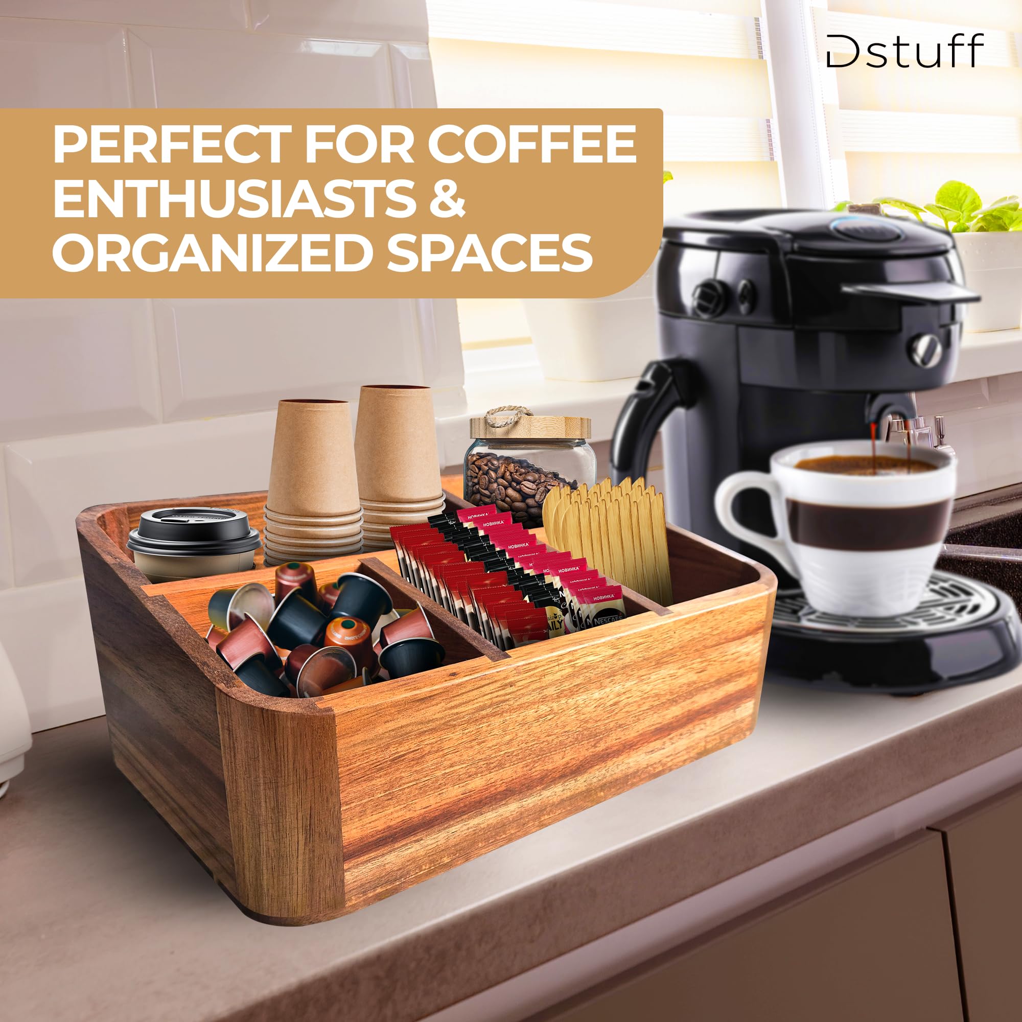 Acacia Wood Coffee Station Organizer - Countertop Coffee & Tea Bar Caddy with Holder for Coffee Accessories - Perfect for Home Kitchen & Office Decor - Ideal for Espresso Machines, Mugs, and Sugar Jars