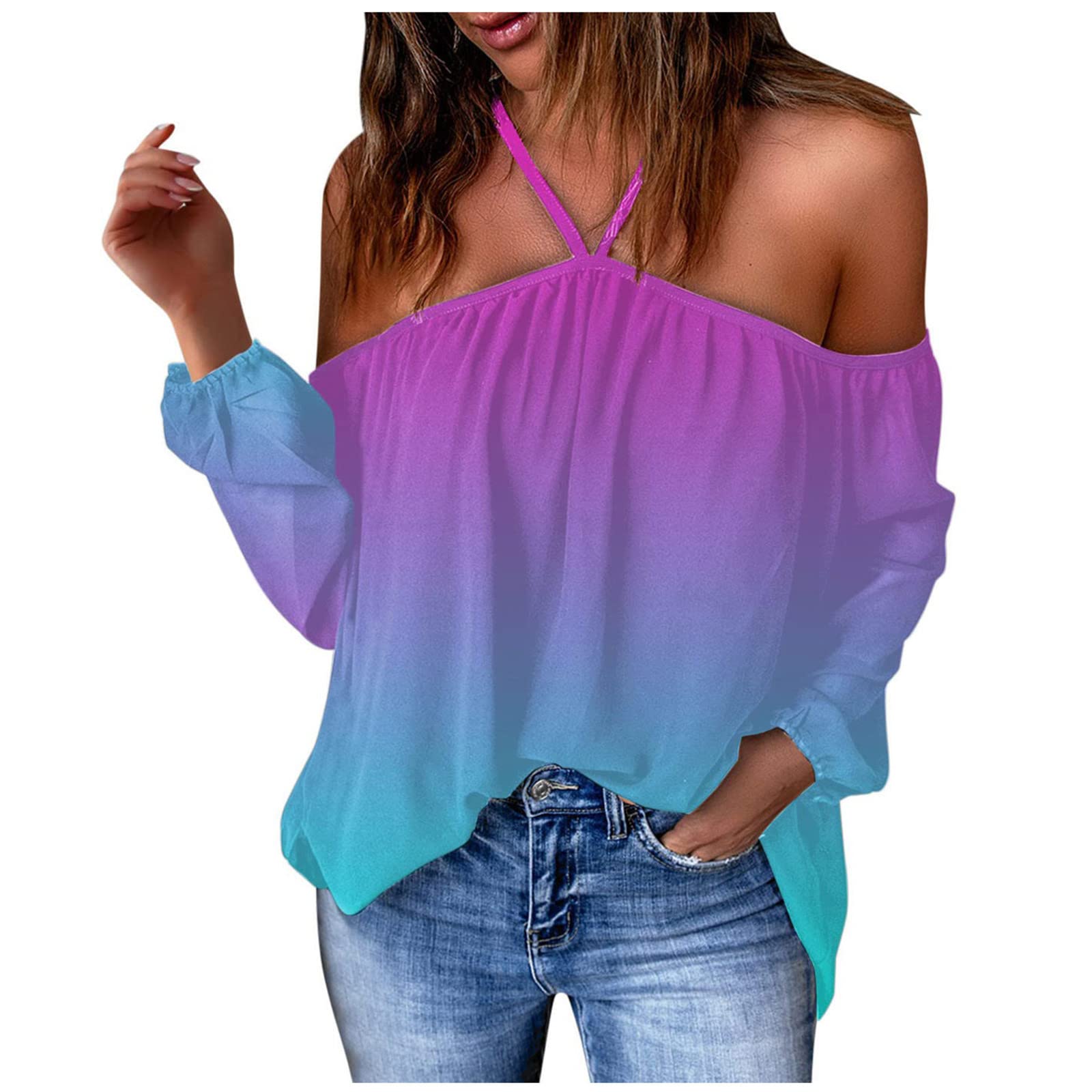 Women's Summer Tops - Sexy Halter Neck Off Shoulder Long Sleeve Boho Print Tunic Tee | Casual Trendy Blouse for Beach, Party & Vacation Outfits