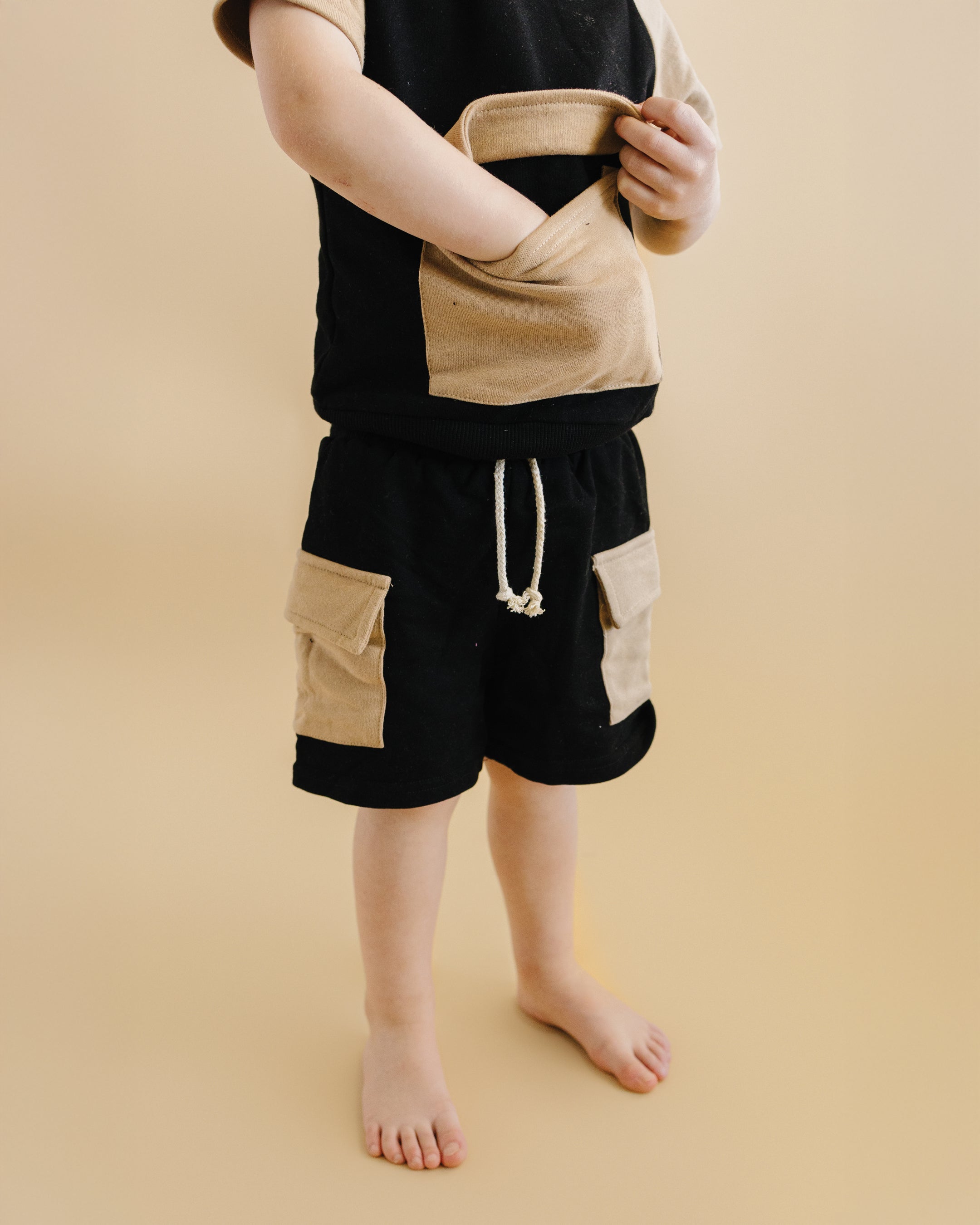 Terry Cargo Shorts Set for Men - Black & Tan | Comfortable Casual Shorts with Multiple Pockets | Perfect for Outdoor Activities, Travel, and Summer Wear