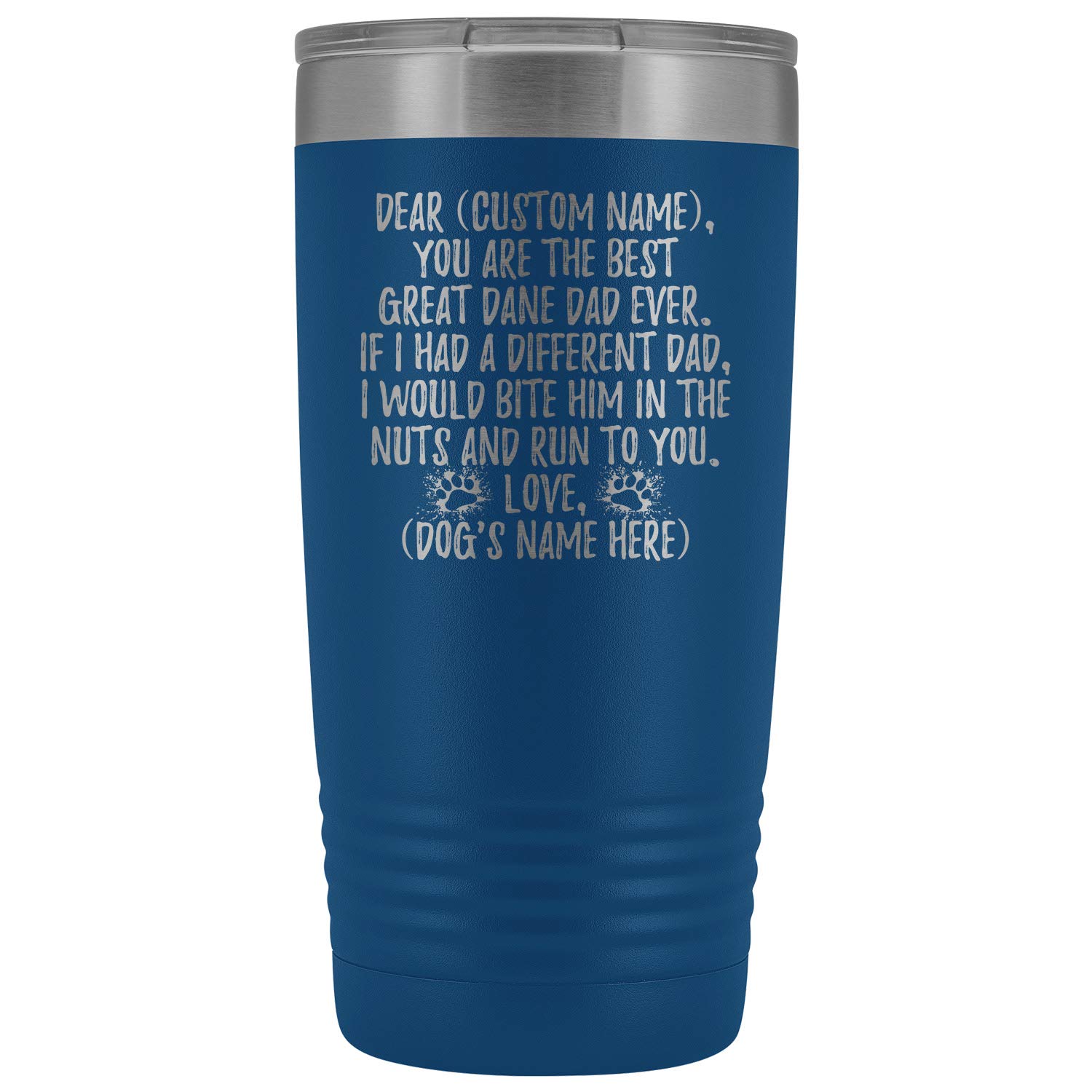 Personalized Great Dane Dog Dad Tumbler - 20oz Insulated Stainless Steel Cup for Dog Lovers - Custom German Mastiff Owner Gift for Men - Perfect for Coffee, Tea & Outdoor Adventures (Blue)