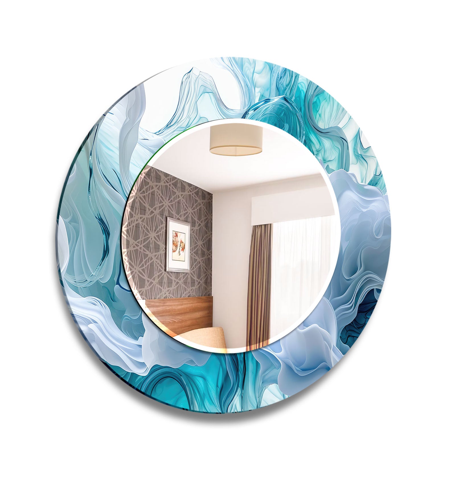 Aqua Blue Swirl Round Wall Mirror - Ocean Inspired Glass Frame for Coastal Home Decor | Bathroom, Bedroom & Living Room Wall Art | Nautical Themed Decor