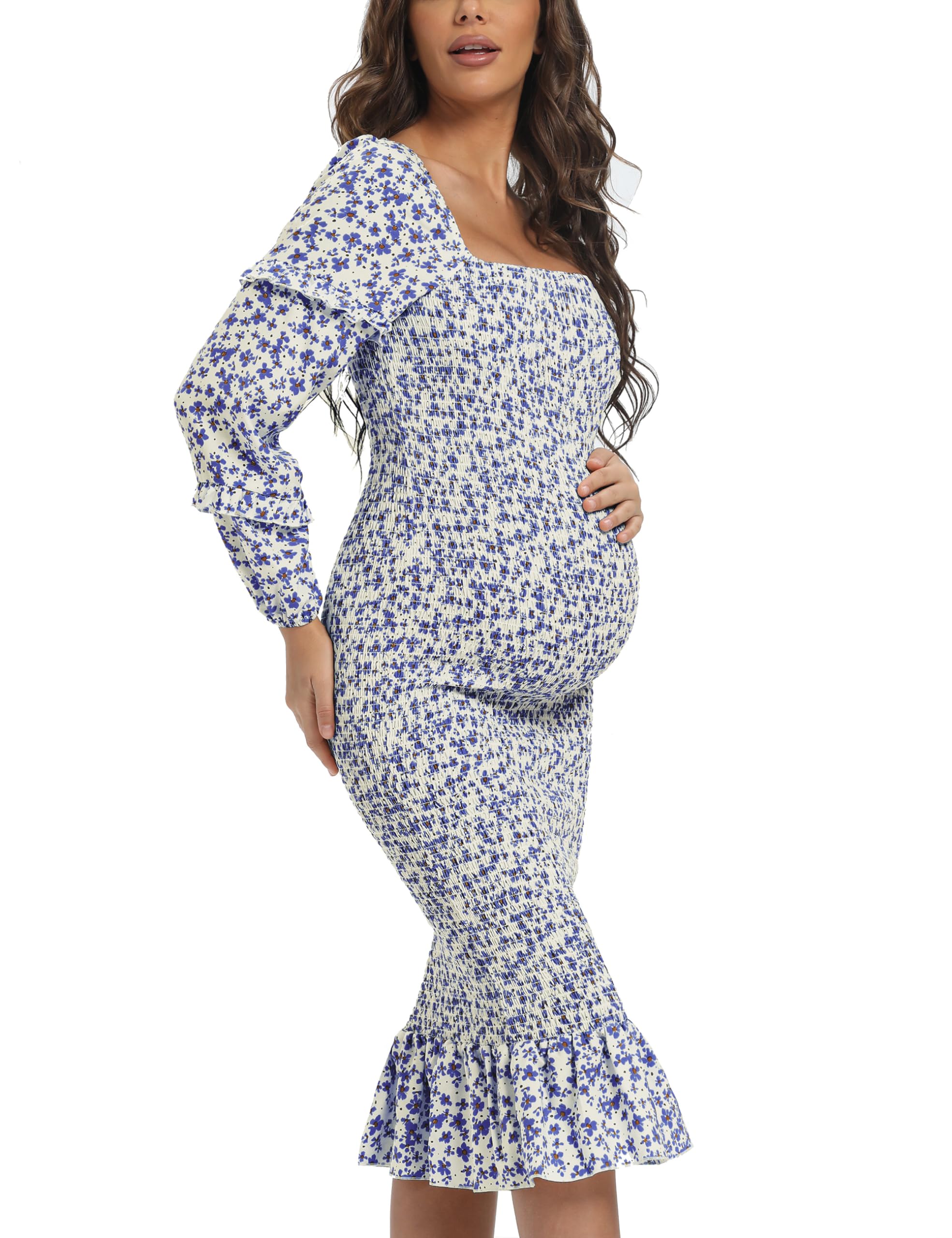 Floral Maternity Dress with Puff Sleeves & Ruffle Hem - Elegant Long Spring Dress for Baby Shower, Photoshoot, Pregnancy Announcement & Special Occasions