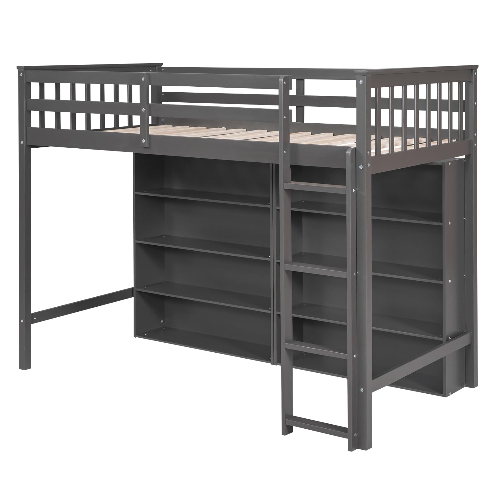 SOFTSEA Twin Size Loft Bed with Storage Shelves & Bookcase - Solid Wood High Loft Bed Frame with Underbed Space & Ladder - Perfect for Kids, Boys, Girls & Teens Bedroom - Space-Saving Grey Loft Bed for Small Rooms, Dorms & Apartments