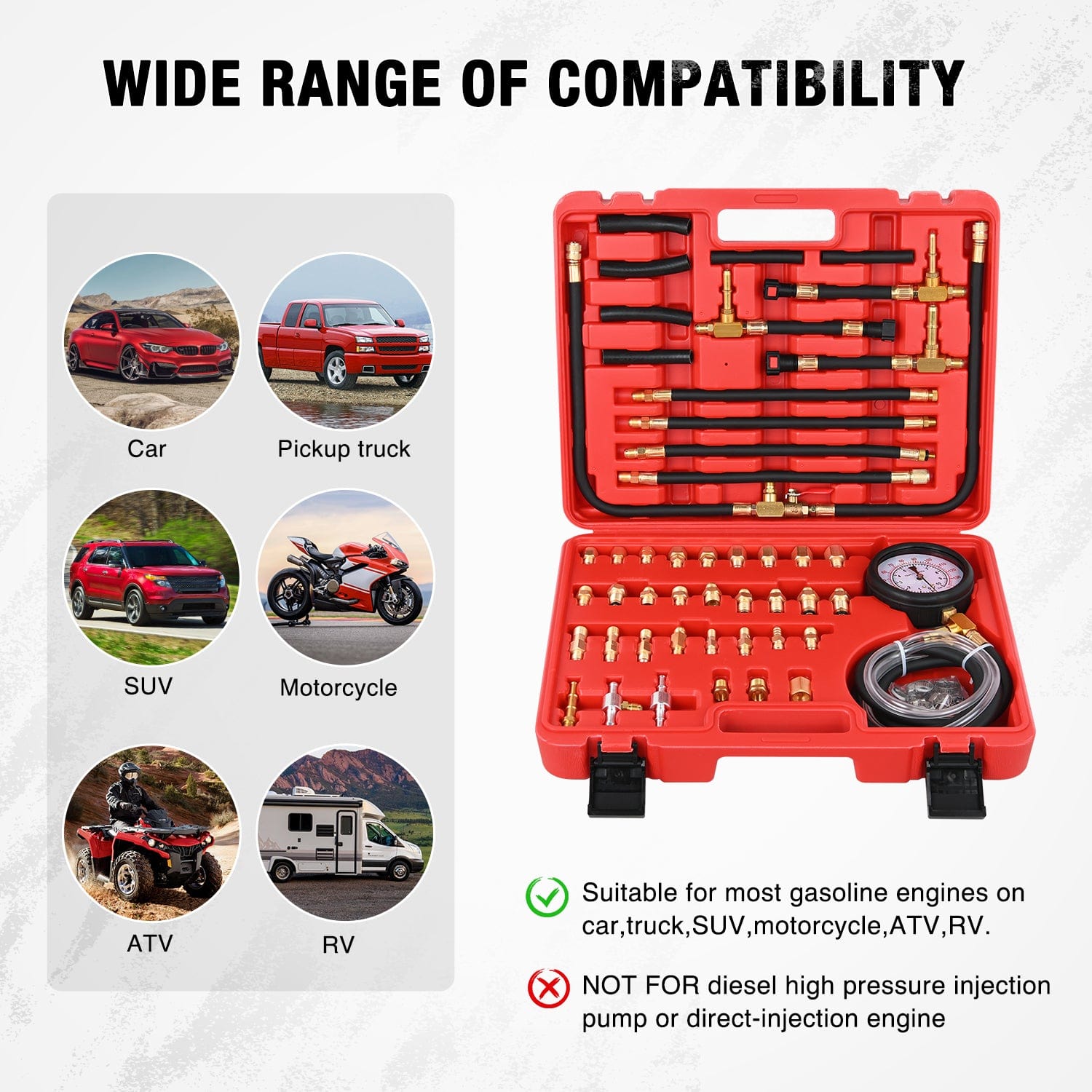 52-Piece 0-140 PSI Fuel Pressure Gauge Kit with 9.4/9.7/8.9/6.3/0 Fuel Line Fittings - Professional Master Fuel Pressure Tester Set for Automotive, Diesel, Motorcycle & Small Engine Diagnostics