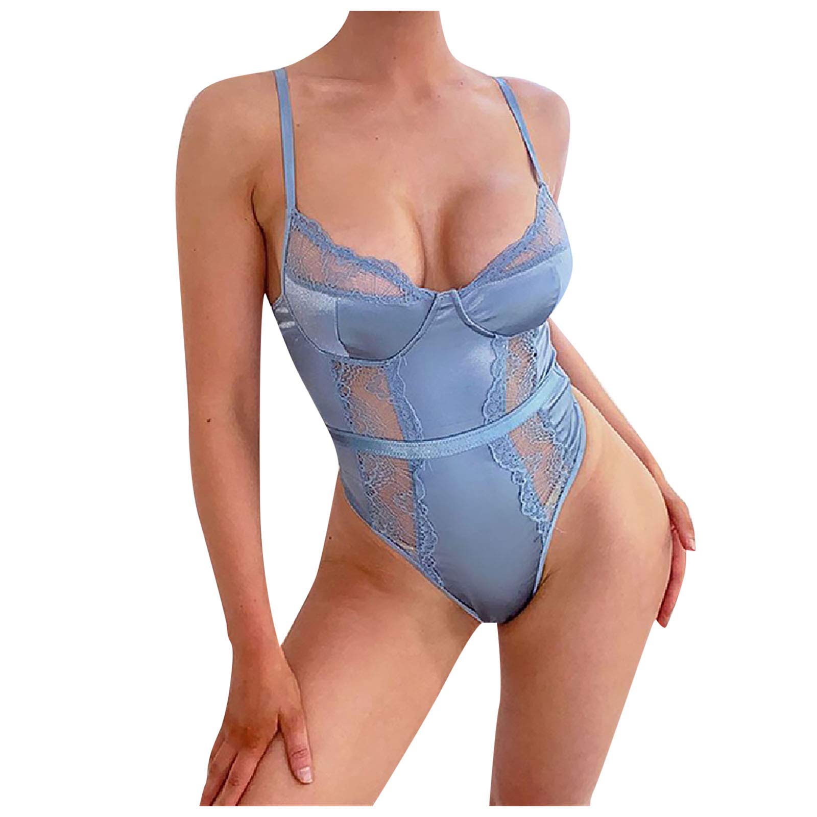 Sexy Lace Teddy Bodysuit for Women - Blue Gauze See-Through Cami Underwear with Thong | Perfect for Valentine's Day, Honeymoon & Romantic Nights