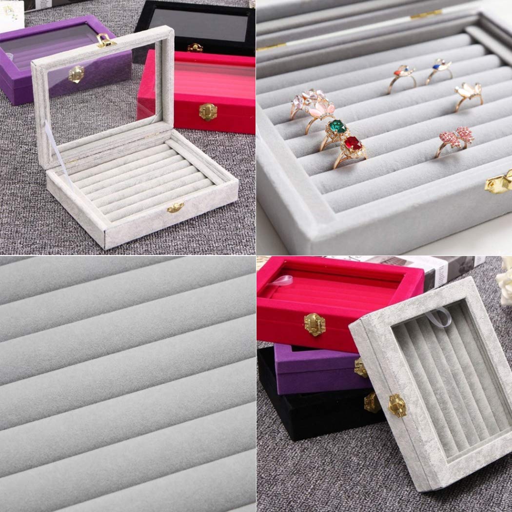 Elegant Jewelry Ring Display Box with Glass Cover - Light Grey Storage Tray for Organizing & Showcasing Rings | Perfect for Jewelry Stores, Wedding Displays & Home Organization