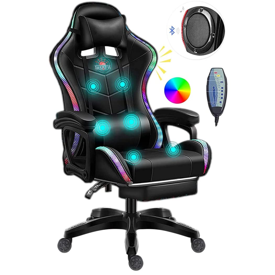 Ergonomic Gaming Chair with Built-in Bluetooth Speakers & RGB LED Lights - High Back PU Leather Computer Chair, Adjustable Reclining Racing Office Swivel Chair for Adults & Teens (Black) - Perfect for Esports, Streaming & Home Office Workspace