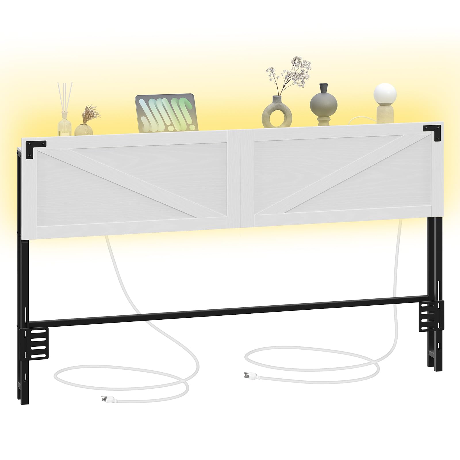 King Size Headboard with 2 Outlets & 4 USB Ports - Farmhouse Style LED Headboard with Secure Storage & Bed Frame Adapter - White & Black - Perfect for Bedroom Upgrade & Modern Home Decor