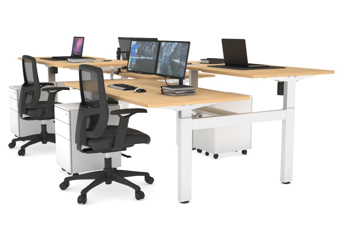 Adjustable 4-Person H Bench Workstation - White Frame (1400L x 800W) | Ergonomic Office Desk for Team Collaboration & Workspace Efficiency