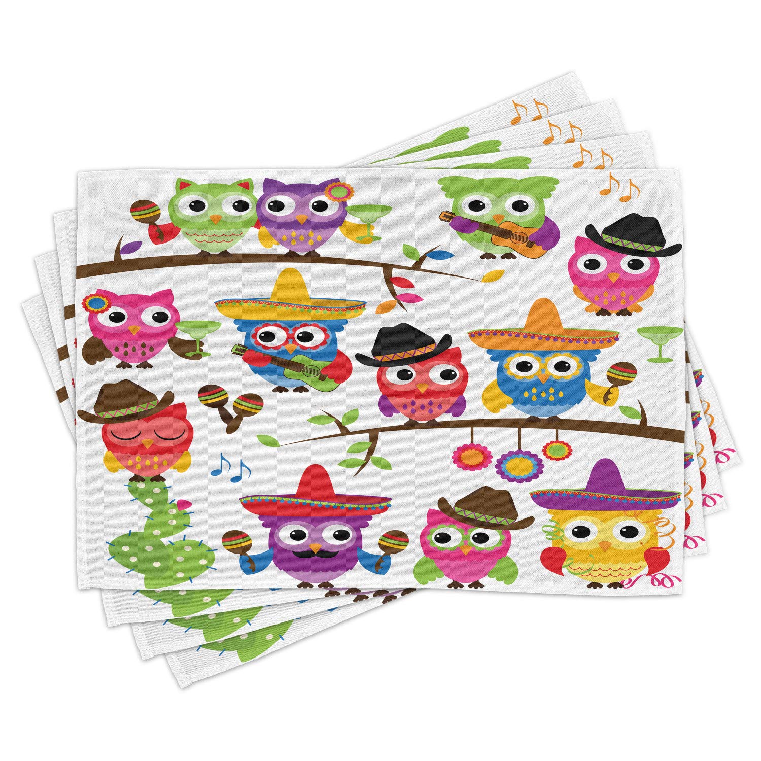Lunarable Owls Place Mats Set of 4 - Cowboy Cowgirl Animal Print with Hats, Guitars & Cactus Design - Washable Fabric Dining Table Mats for Cinco de Mayo & Western Theme Decor - Standard Size (Red/Orange) - Perfect for Mexican Fiesta Parties, Western Dinners & Kitchen Table Settings