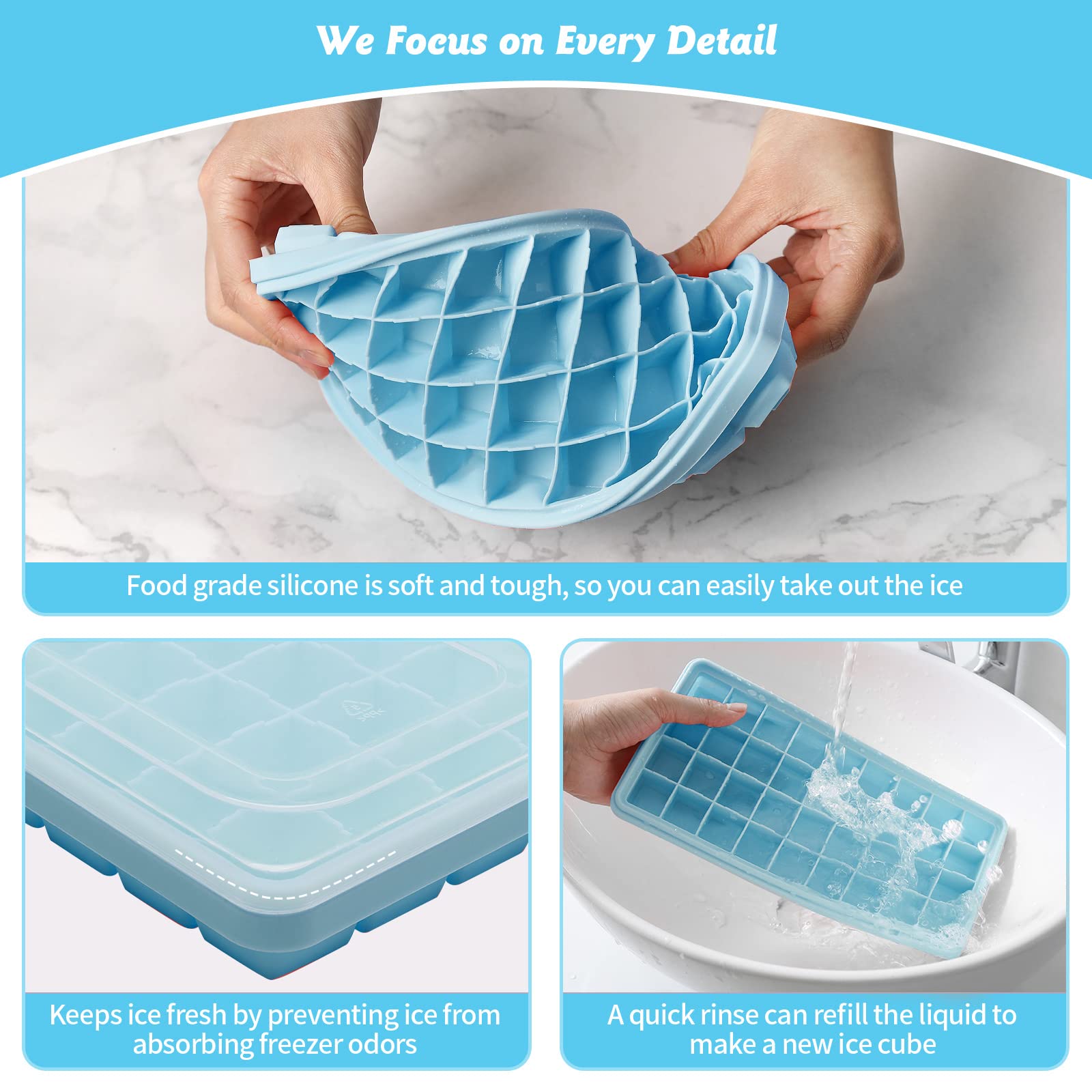 Premium Food-Grade Silicone Ice Cube Tray Set - 2 Pack 36-Cube Molds with Lid, Storage Bin & Scoop | BPA-Free, Flexible & Easy Release | Perfect for Cocktails, Iced Coffee & Home Freezer Organization