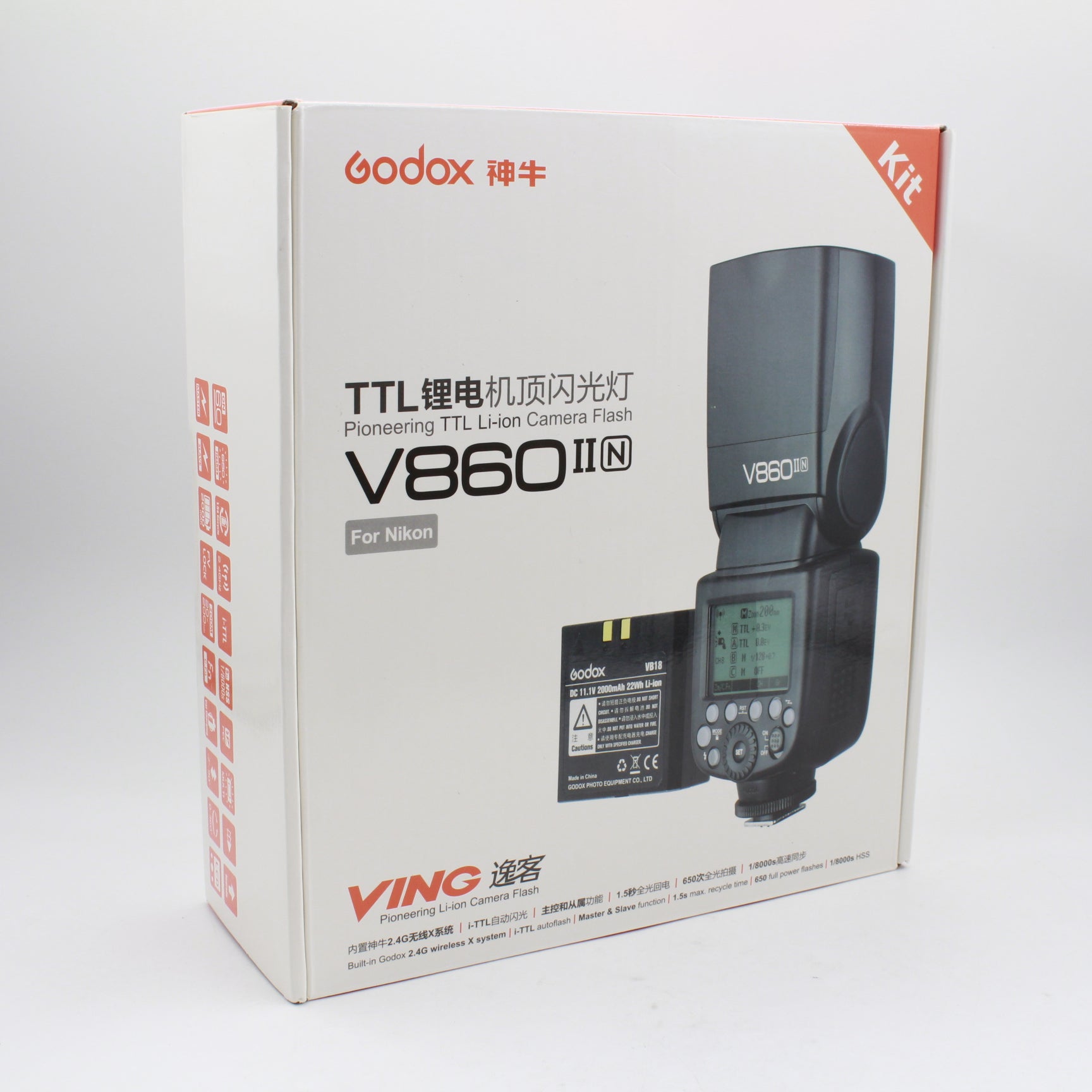 Godox VING V860IIN TTL Li-Ion Flash Kit for Nikon DSLR Cameras – High-Speed Sync, Rechargeable Battery, Excellent Condition (Open Box) – Perfect for Wedding, Portrait & Studio Photography