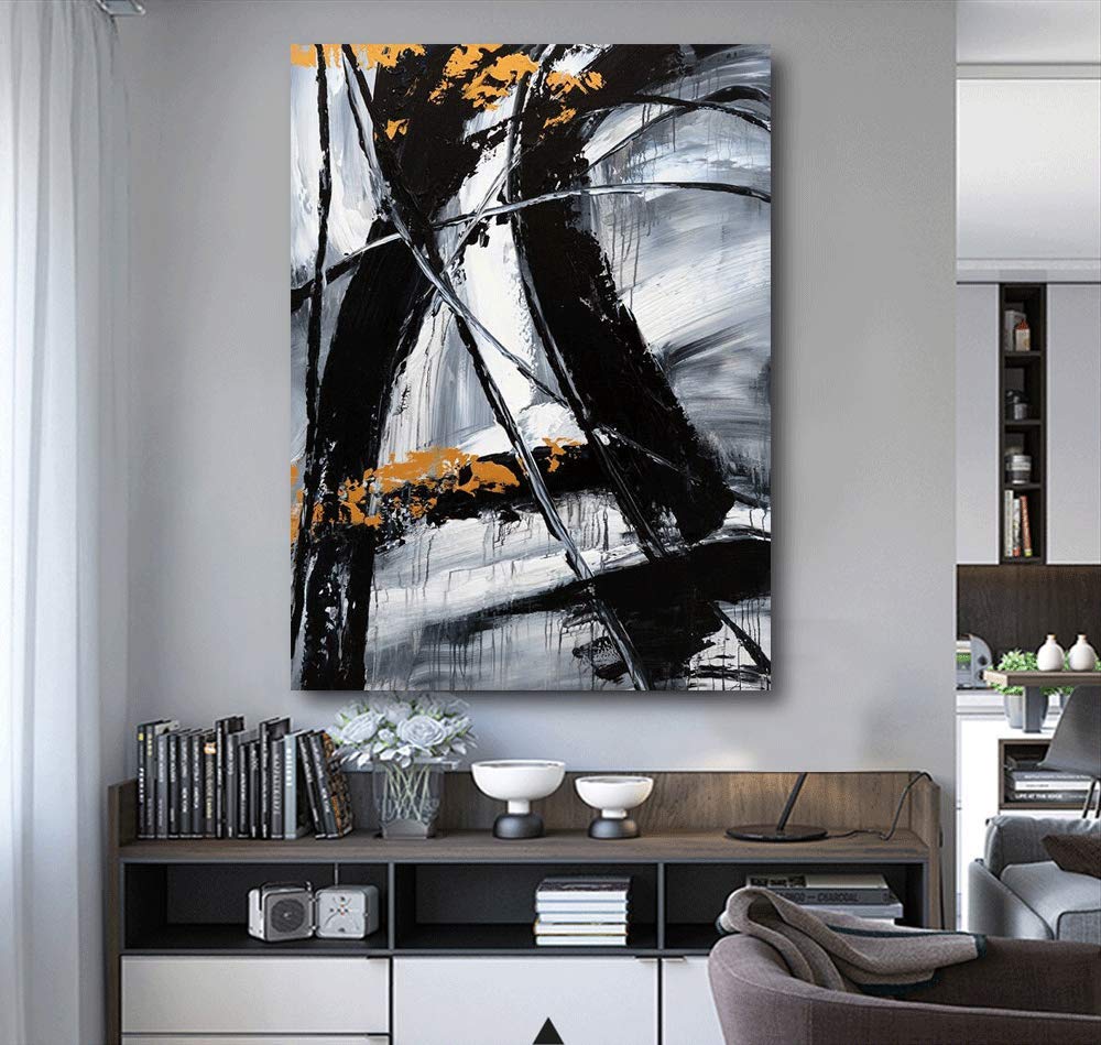 Yihui Arts Black and White Abstract Oil Painting - Large 28x40 Inch Modern Canvas Wall Art for Living Room, Bedroom & Office Decor - Perfect for Contemporary Home Interior Design