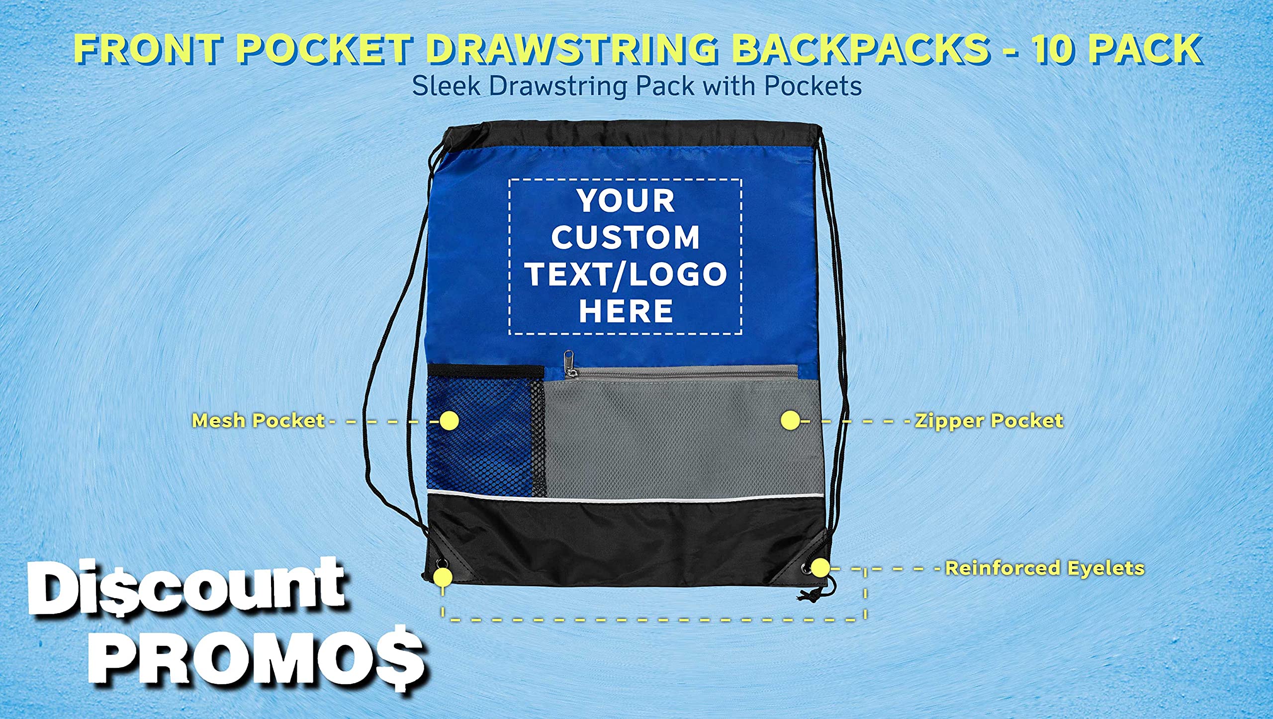 Custom Front Pocket Drawstring Backpacks - Bulk Set of 10 Personalized Reusable Bags | Lightweight Sports & Promotional Backpacks in Blue | Perfect for School, Gym, Travel & Events