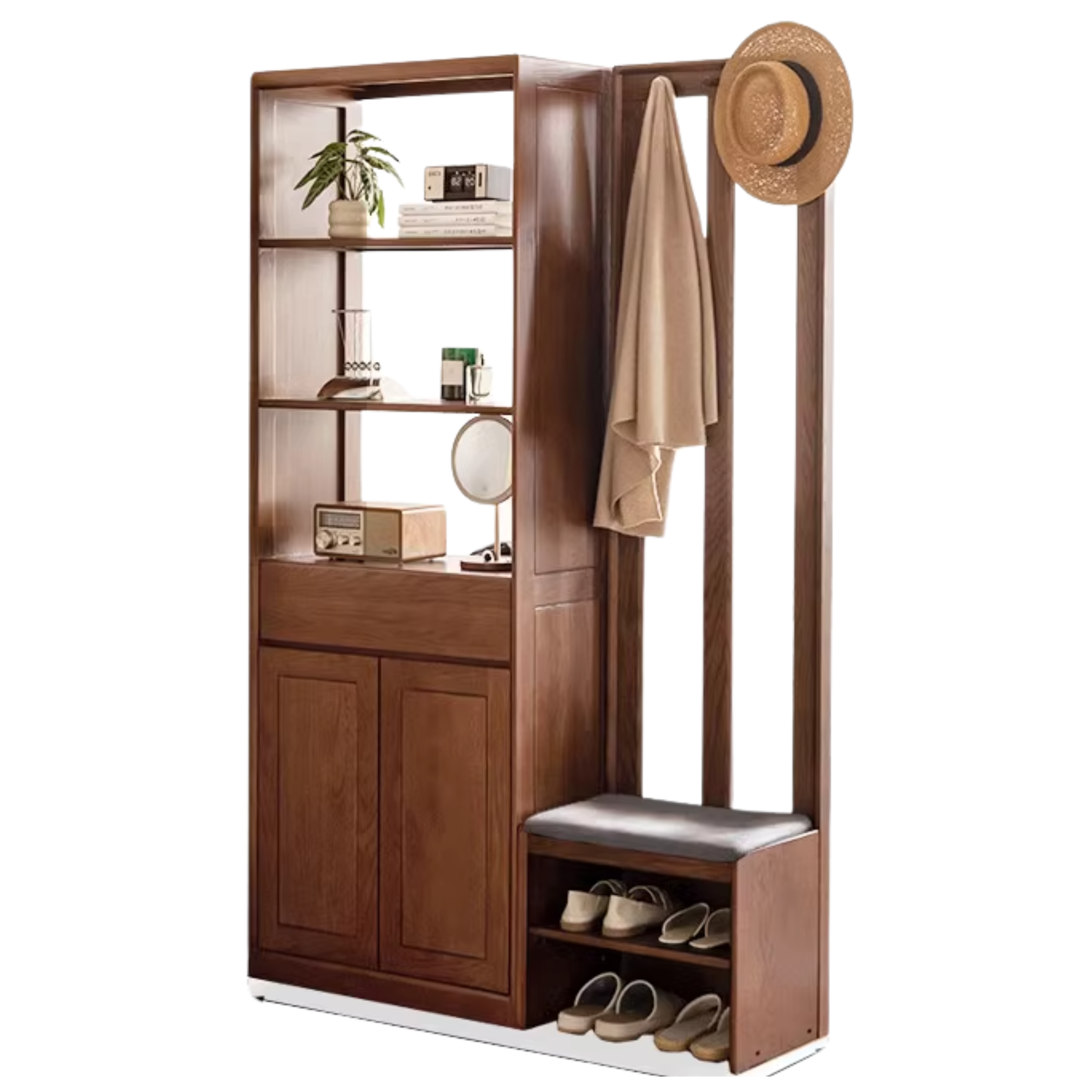 47.2x13.7x74.8 inch/ 120x35x190 cm/ Walnut Color/ Porch Entrance Cabinet + Ash Linen Shoe Changing Stool & Clothes Hanger Storage Rack
