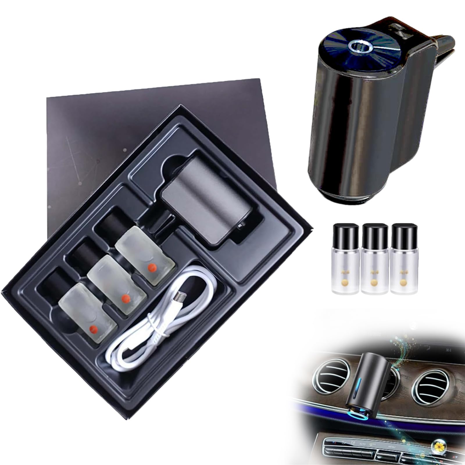 Premium Smart Car Air Freshener Diffuser with Essential Oils - Cologne Scented Aromatherapy Car Diffuser & 3 Refills - USB Powered Auto Air Freshener for Fresh & Relaxing Car Interior - Perfect for Commuting, Road Trips & Daily Driving