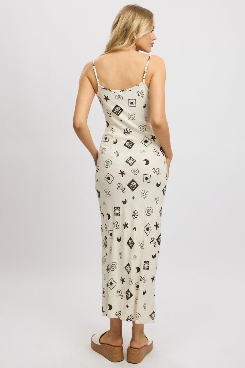 Elegant Beige Abstract Print Maxi Dress - Bias Cut Linen Blend for Women - Perfect for Summer Beach Vacations, Boho Weddings & Casual Outings