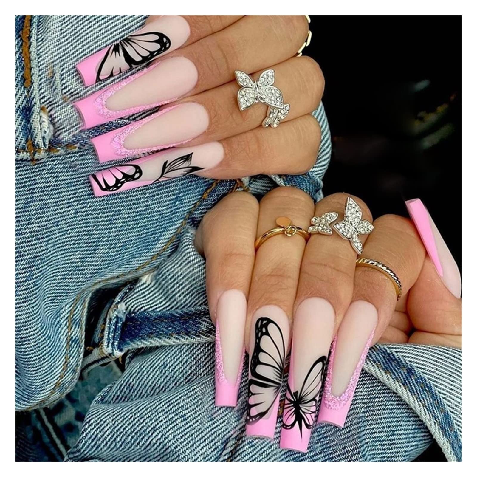 24pcs/Box Detachable Butterfly Rhinestone Ballerina False Nails - Long Coffin Fake Nails with Glue - Full Cover Nail Tips for Manicure & Nail Extension - Elegant White Design for Parties, Weddings & Special Occasions