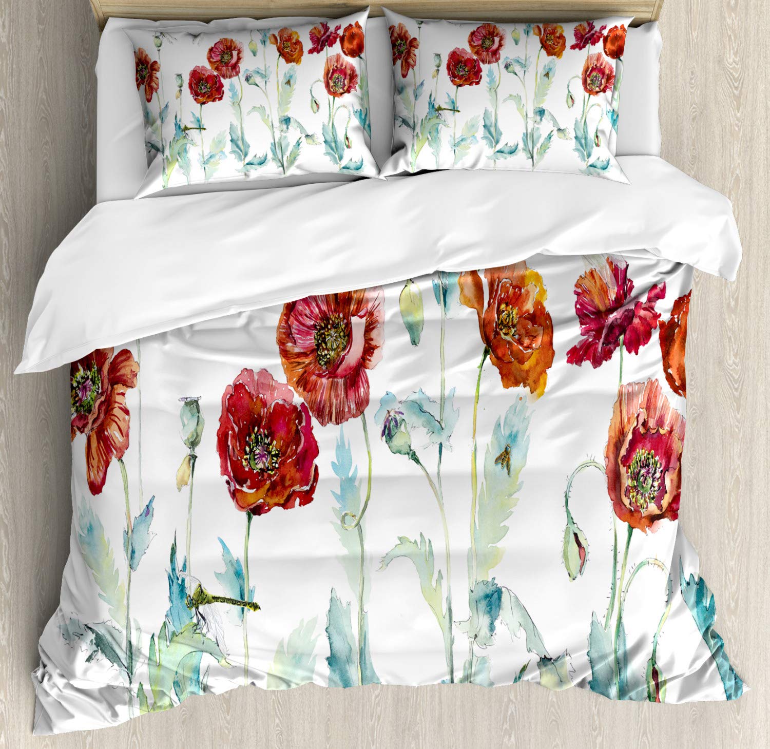 Ambesonne Watercolor Floral Duvet Cover Set - King Size 3-Piece Bedding with Poppies & Leaves Design, 2 Pillow Shams - Hand-Painted Botanical Style for Master Bedroom Decor | Perfect for Spring Refresh, Guest Room Makeover & Bohemian Bedroom Themes