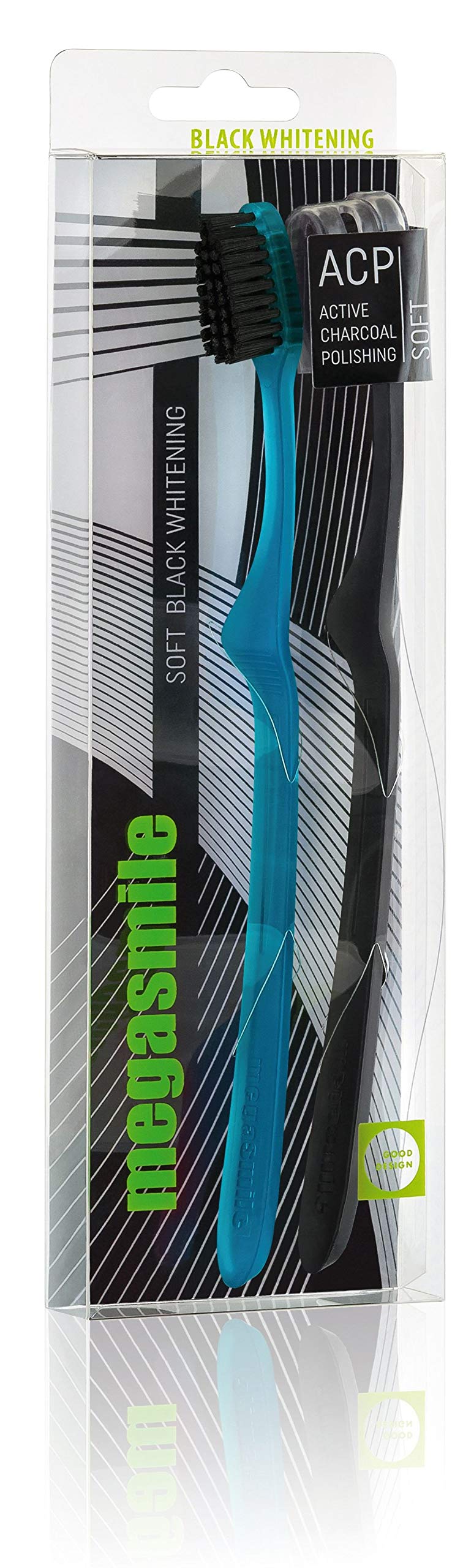 Black Megasmile Whitening Toothbrushes (2-Pack) - Professional Teeth Whitening & Stain Removal for Daily Oral Care at Home or Travel