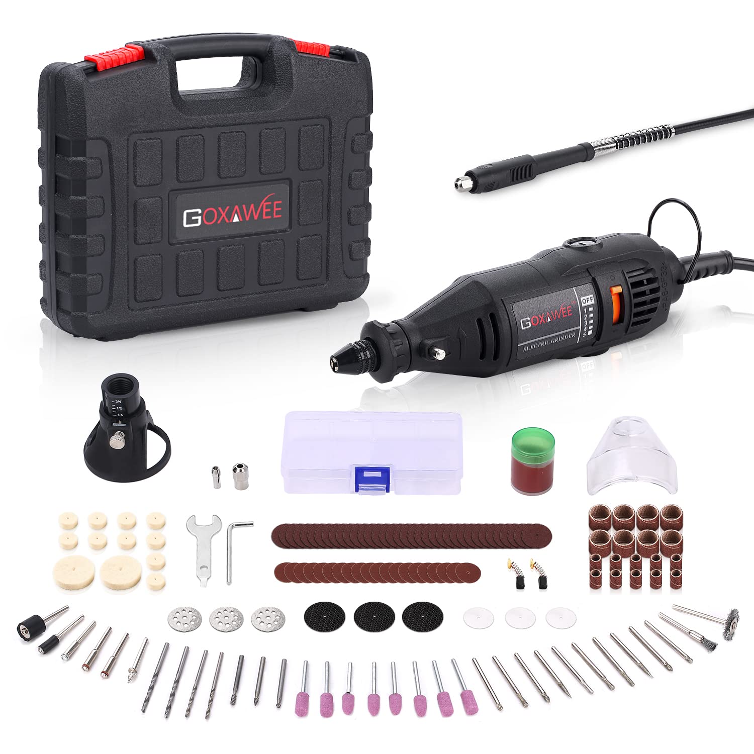 GOXAWEE Rotary Tool Kit with MultiPro Keyless Chuck & Flex Shaft - 140pc Accessories, Variable Speed Electric Drill Set for DIY Projects, Wood Carving, Jewelry Making & Home Repairs | Perfect for Crafting, Metal Engraving & Small Detail Work