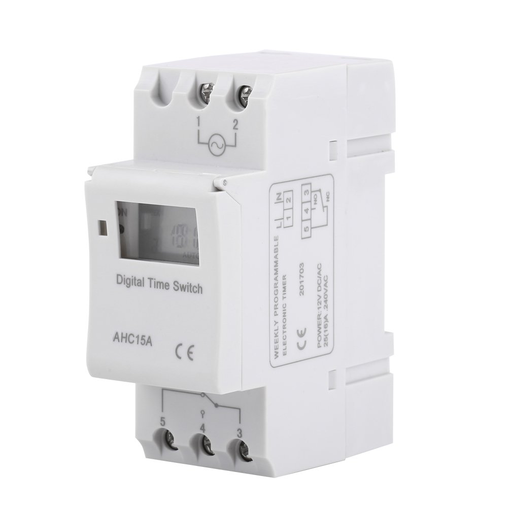 12V AC/DC Digital LCD Programmable Timer Relay Switch - DIN Rail Mount with 16 ON/OFF Settings for Daily & Weekly Use - Perfect for Industrial Appliances, Lighting Control, and Home Automation Systems