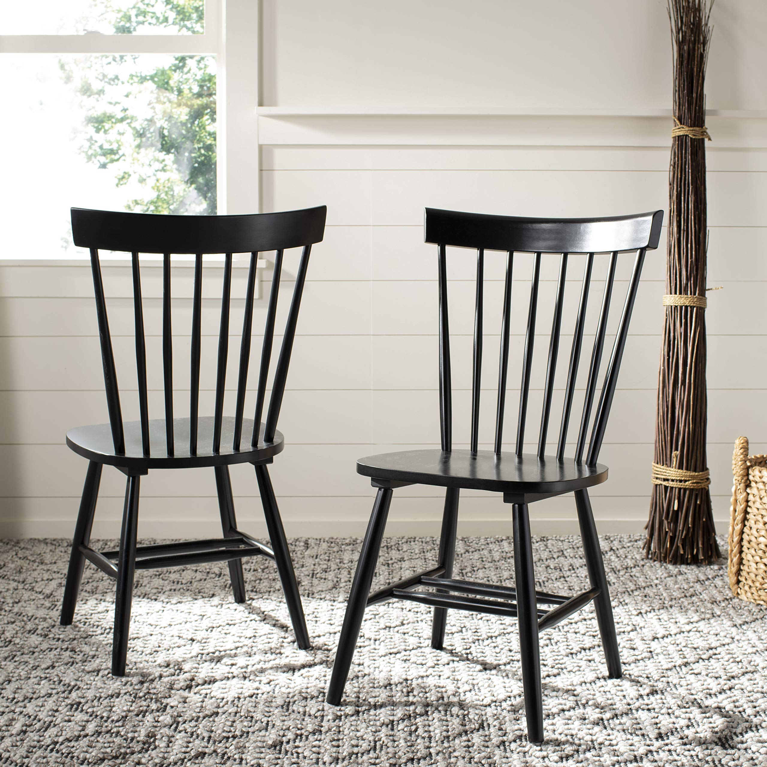 SAFAVIEH Parker Spindle Windsor Set of 2 Black Dining Chairs - 17 Inch Seat Height - Elegant Kitchen & Dining Room Furniture for Home Decor