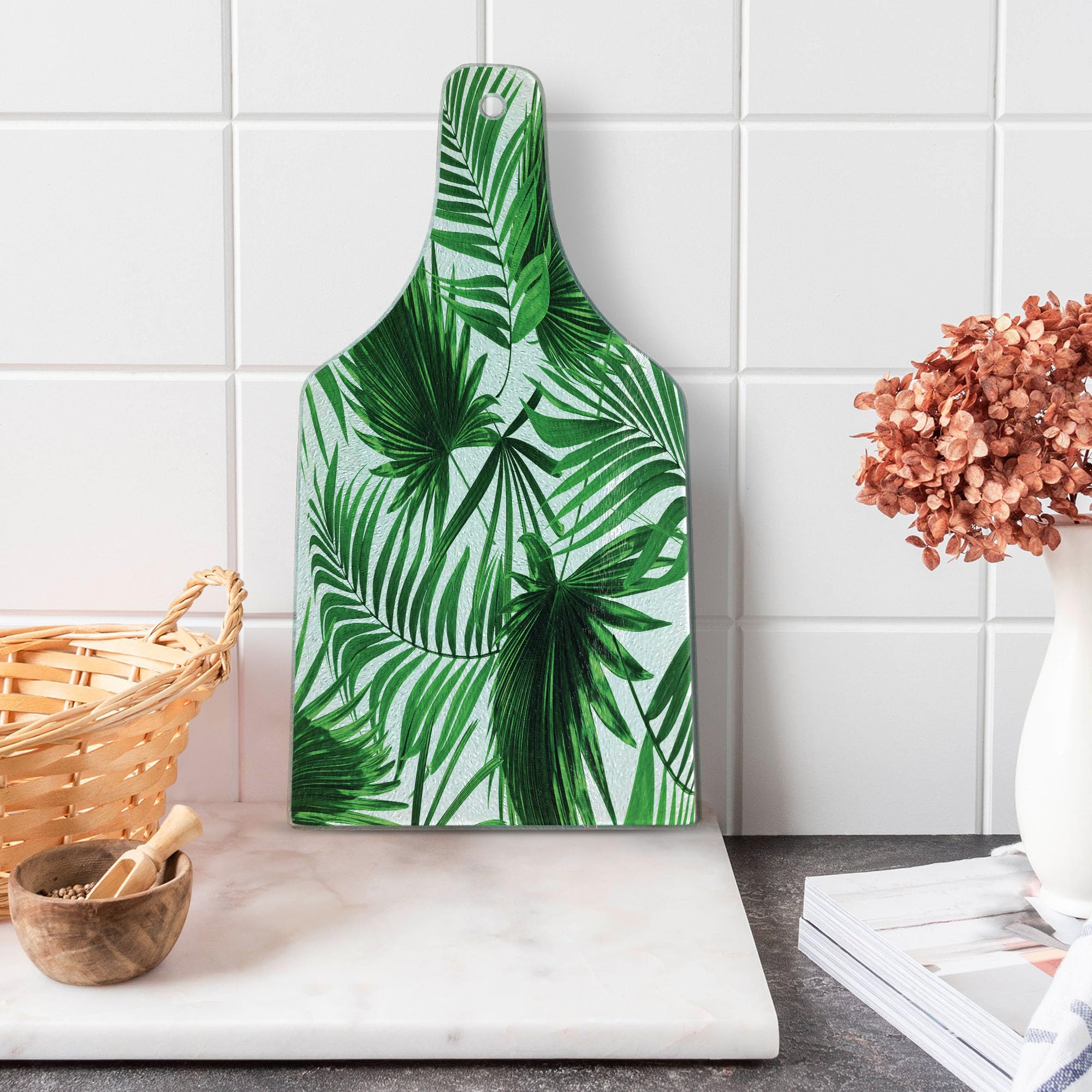 Ambesonne Palm Leaf Tempered Glass Cutting Board - Realistic Botanical Print, Decorative Serving Board with Wine Bottle Shape in Fern Green & White - Perfect for Kitchen Prep, Charcuterie, and Wine Pairing Displays