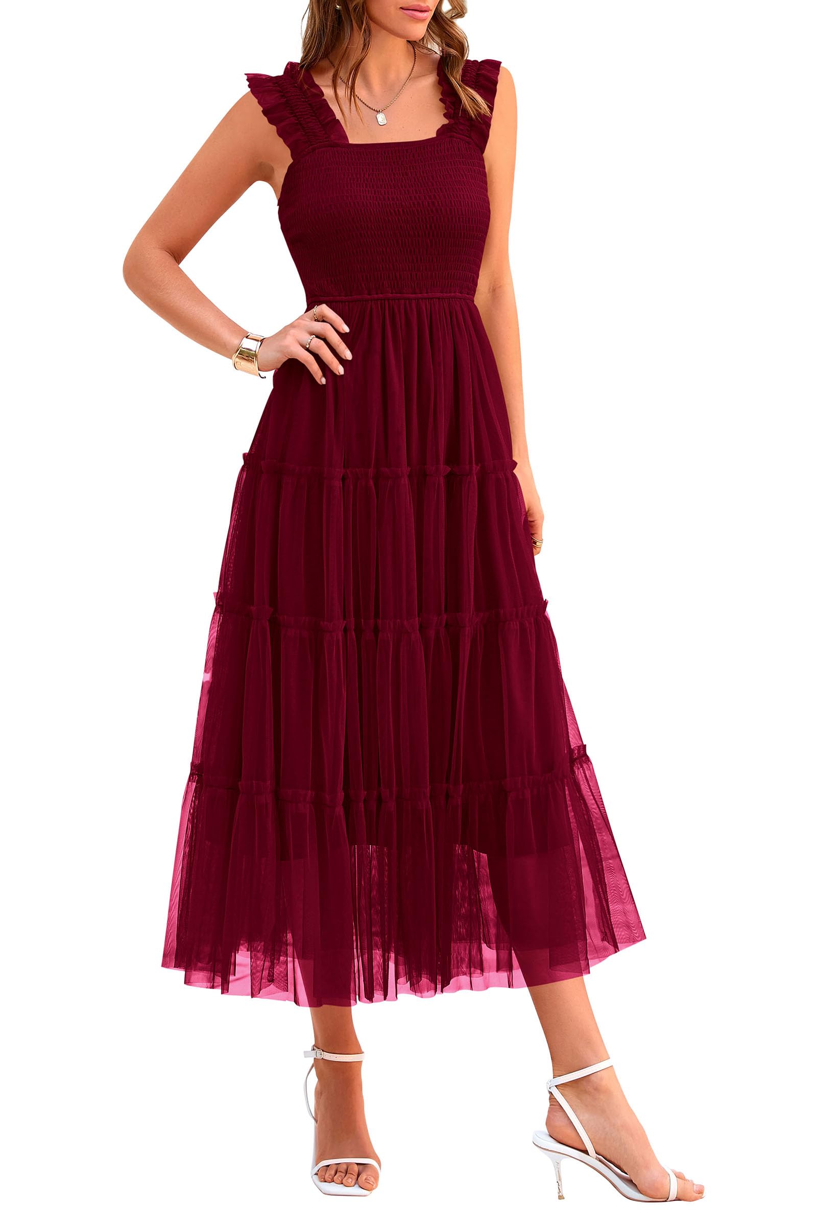 PRETTYGARDEN Women's Summer Midi Tulle Dress - Sleeveless Smocked Square Neck Ruffle Flowy Sundress for Wedding Guest, Party & Beach Vacation | Elegant A-Line Formal Dress for Bridesmaid, Cocktail & Special Occasions